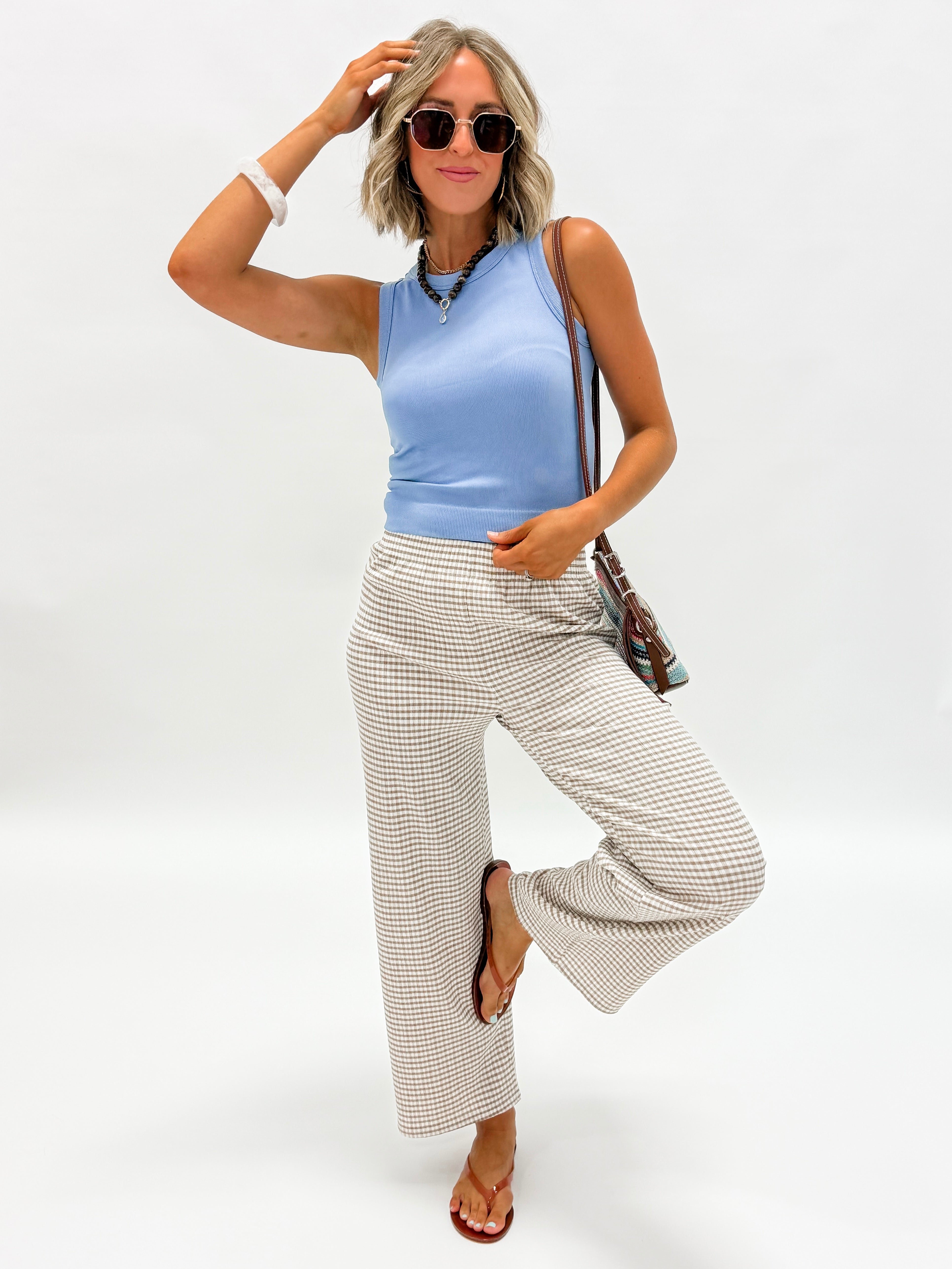 Angie Gingham Wide Leg Pants-Mocha