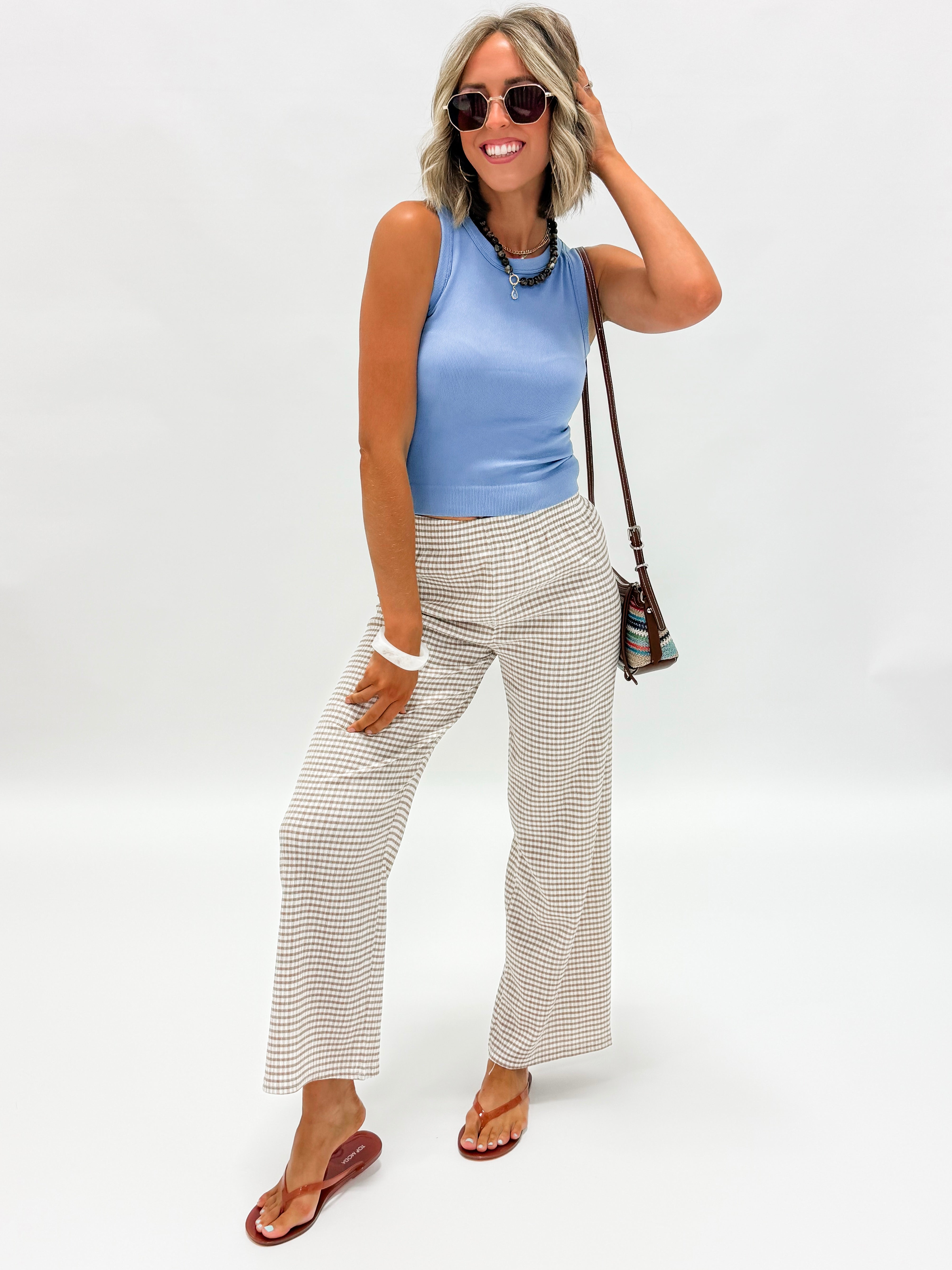 Angie Gingham Wide Leg Pants-Mocha