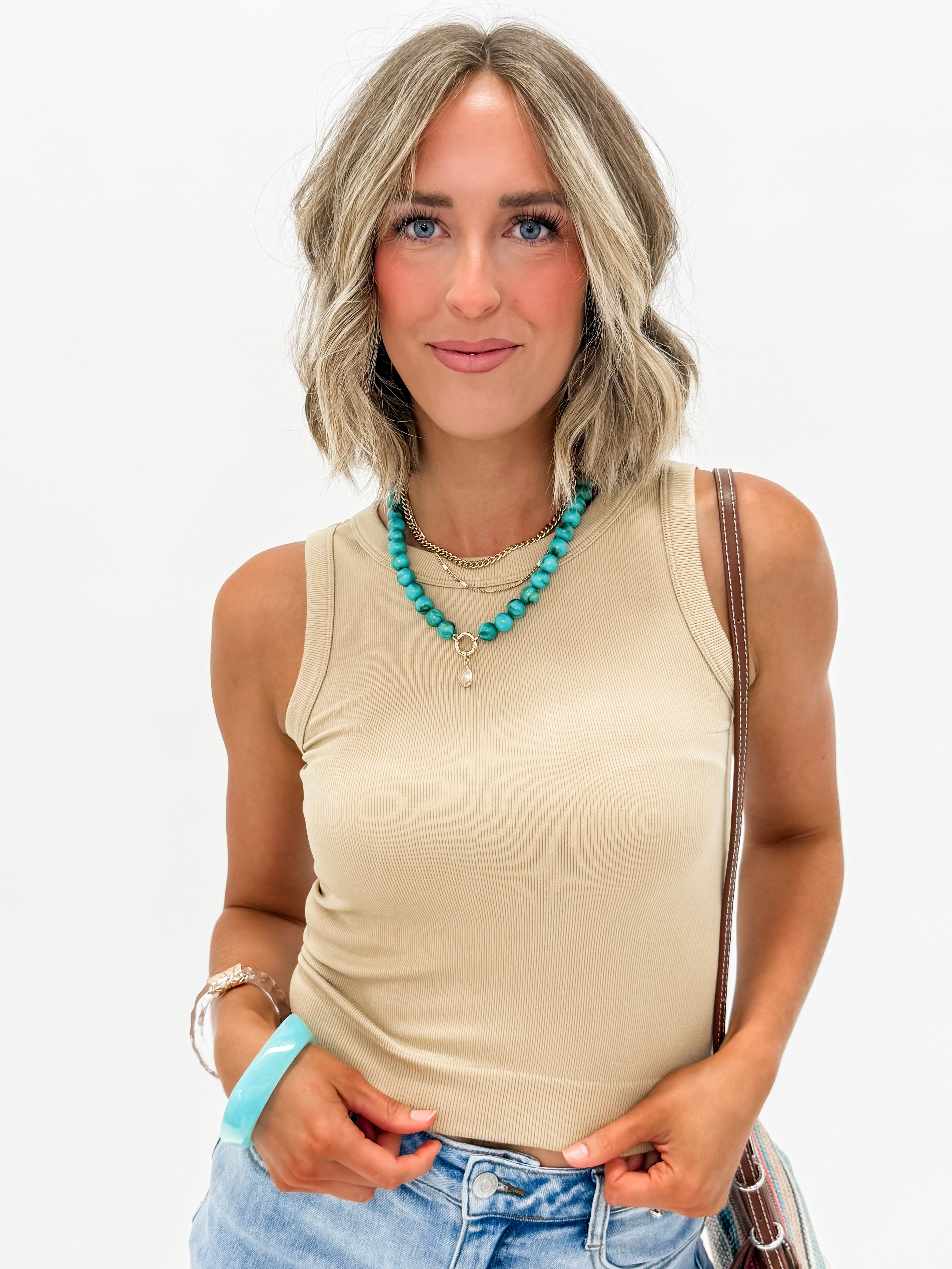Tami Solid Ribbed Tank Top-Khaki