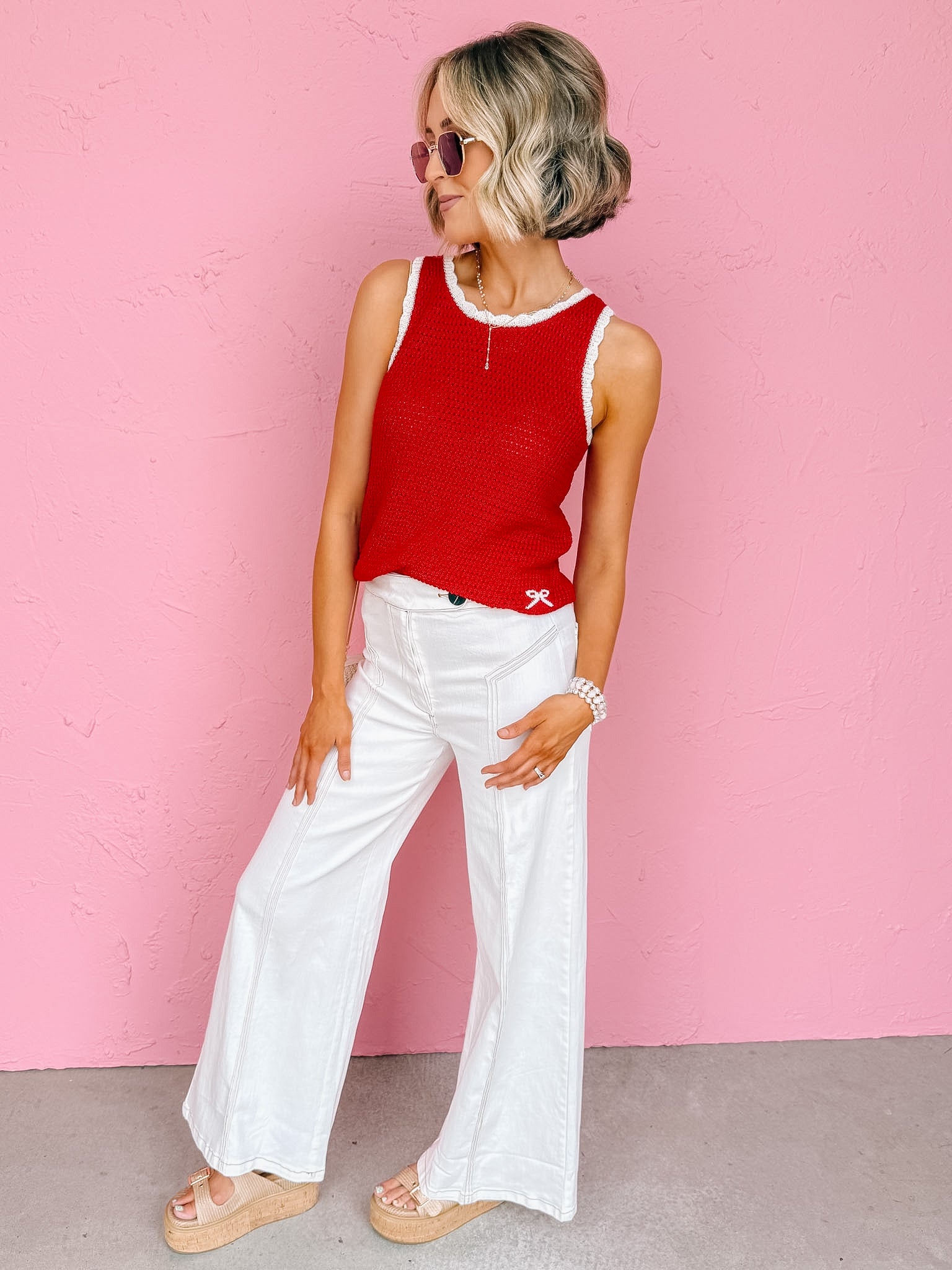Terrence Sleeveless Sweater Top-Red/Ivory