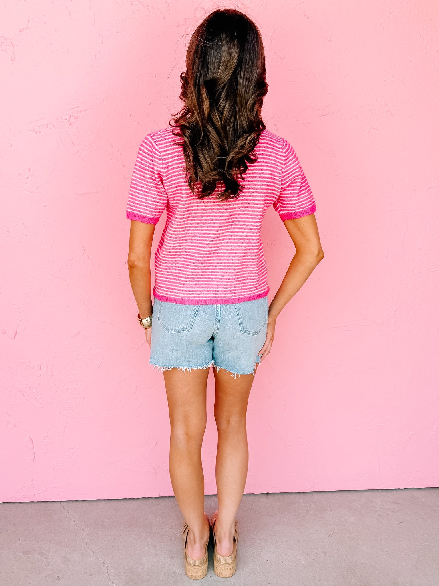 Tessa Striped Short Sleeve Cardigan-Pink