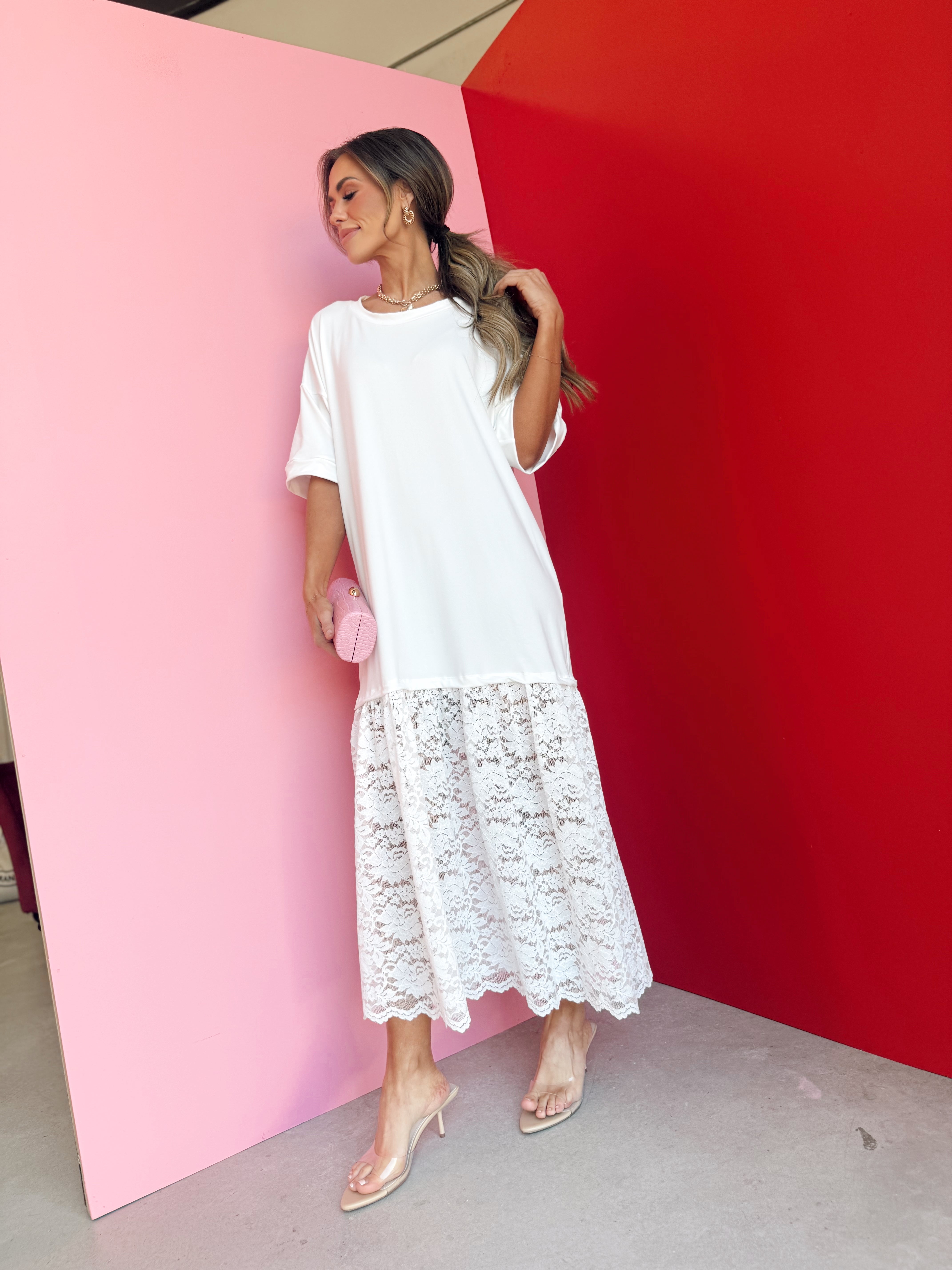 The Carley Off White Dress – Made in USA Jersey T-Shirt Dress with Lace Hem