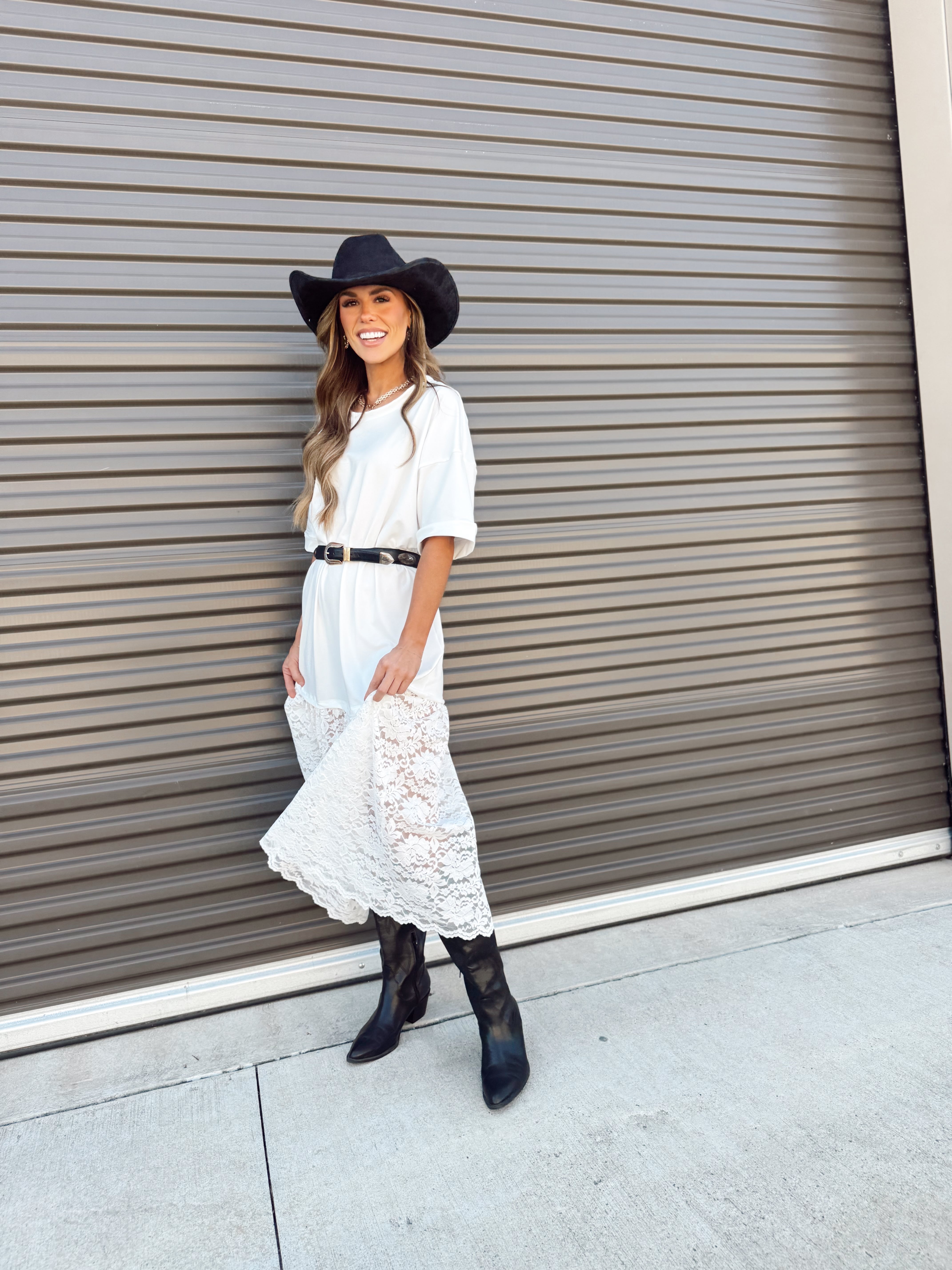 The Carley Off White Dress – Made in USA Jersey T-Shirt Dress with Lace Hem