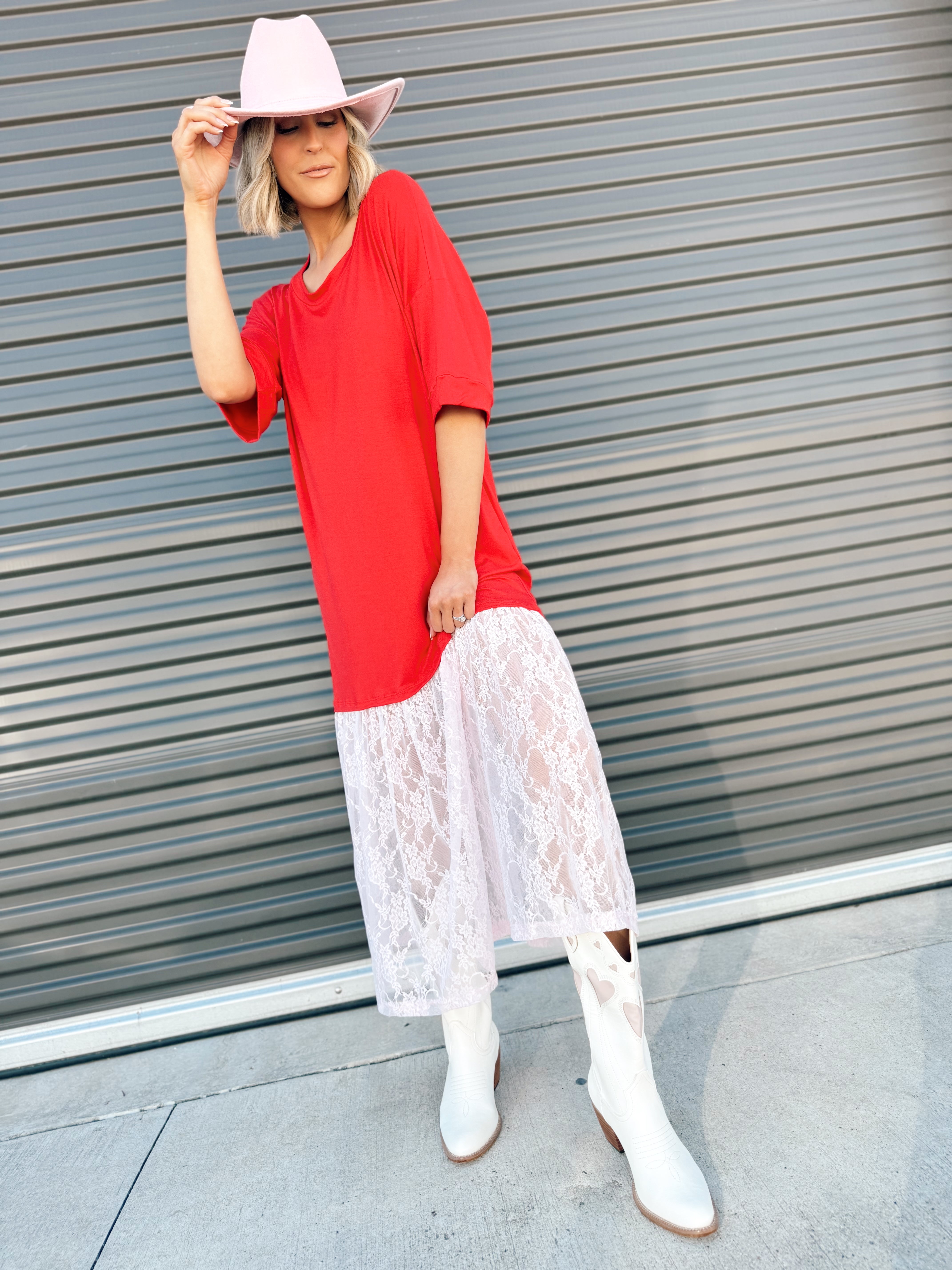 The Carley Two Tone Red/Pink Dress – Made in USA Jersey T-Shirt Dress with Lace Hem