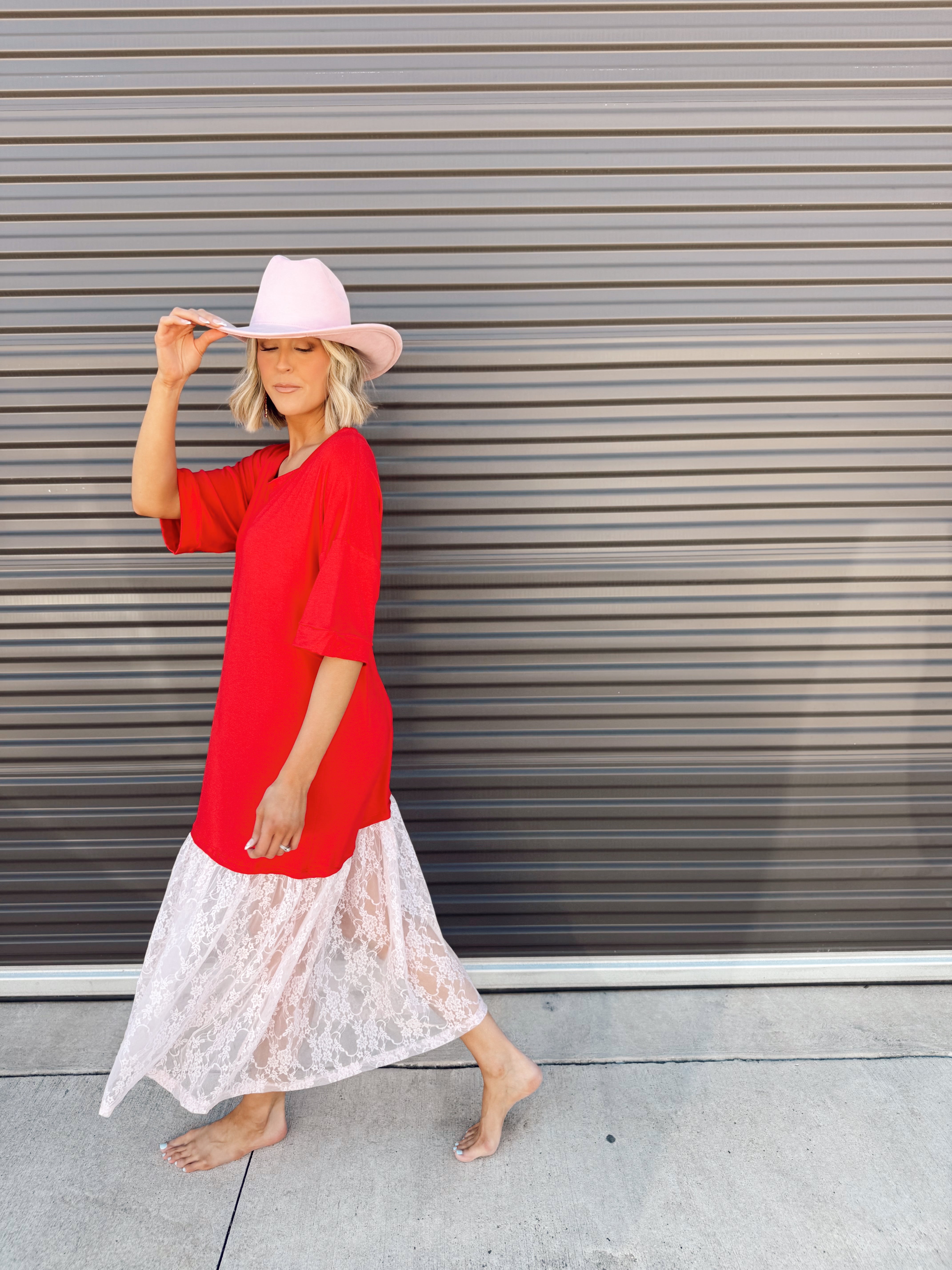 The Carley Two Tone Red/Pink Dress – Made in USA Jersey T-Shirt Dress with Lace Hem