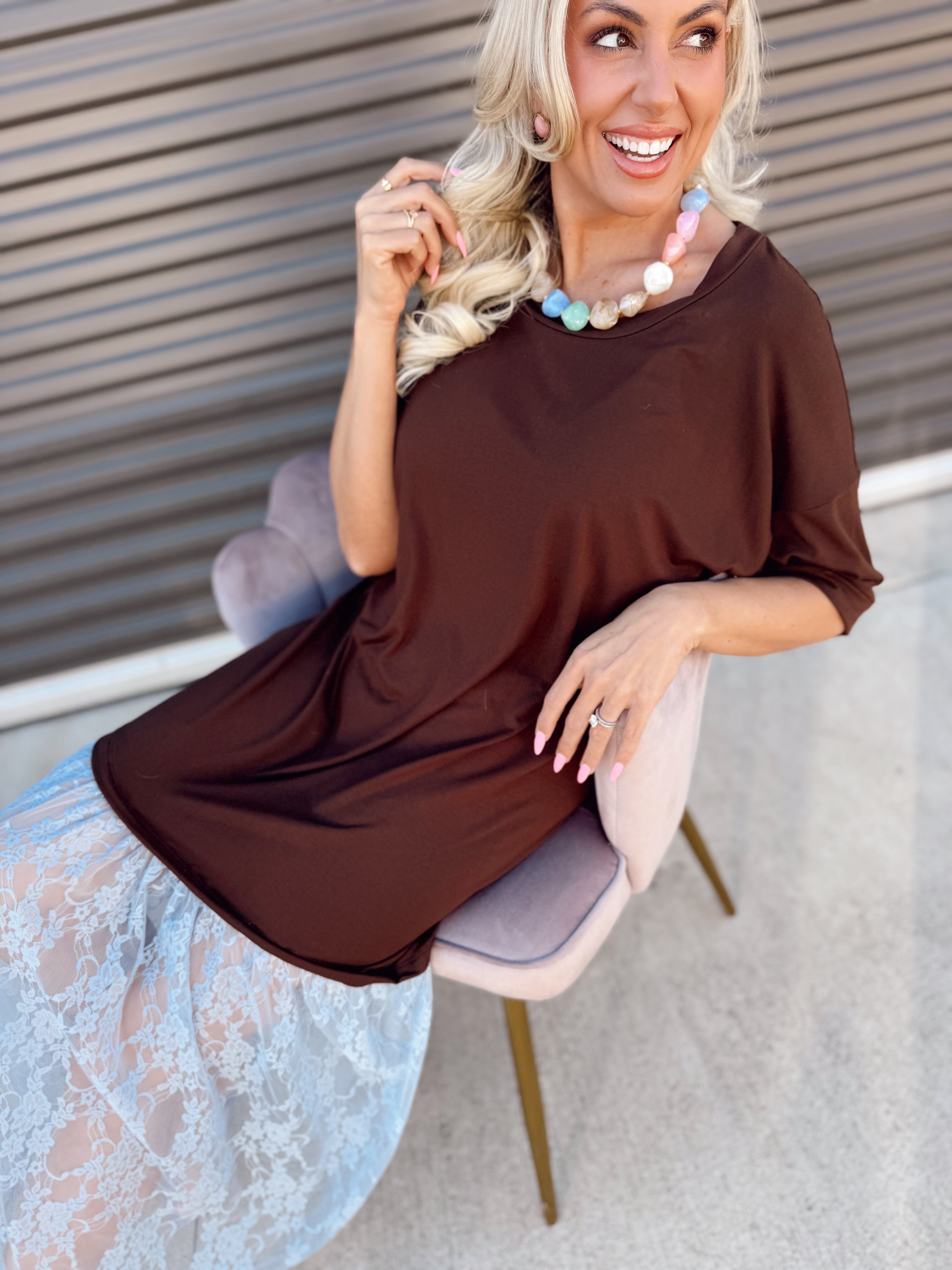 The Carley Two Tone Brown/Blue Dress – Made in USA Jersey T-Shirt Dress with Lace Hem