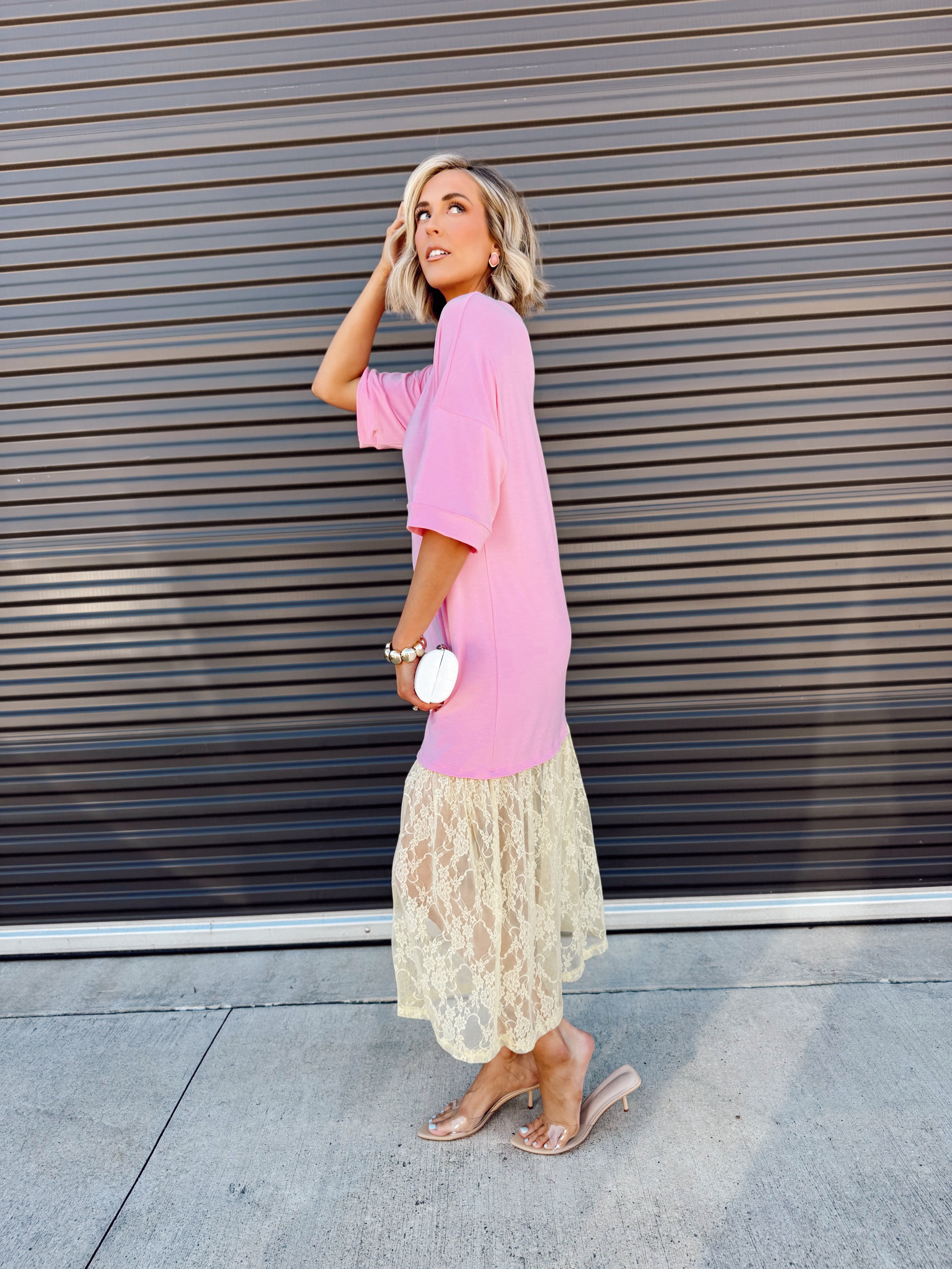 The Carley Two Tone Pink/Yellow Dress – Made in USA Jersey T-Shirt Dress with Lace Hem