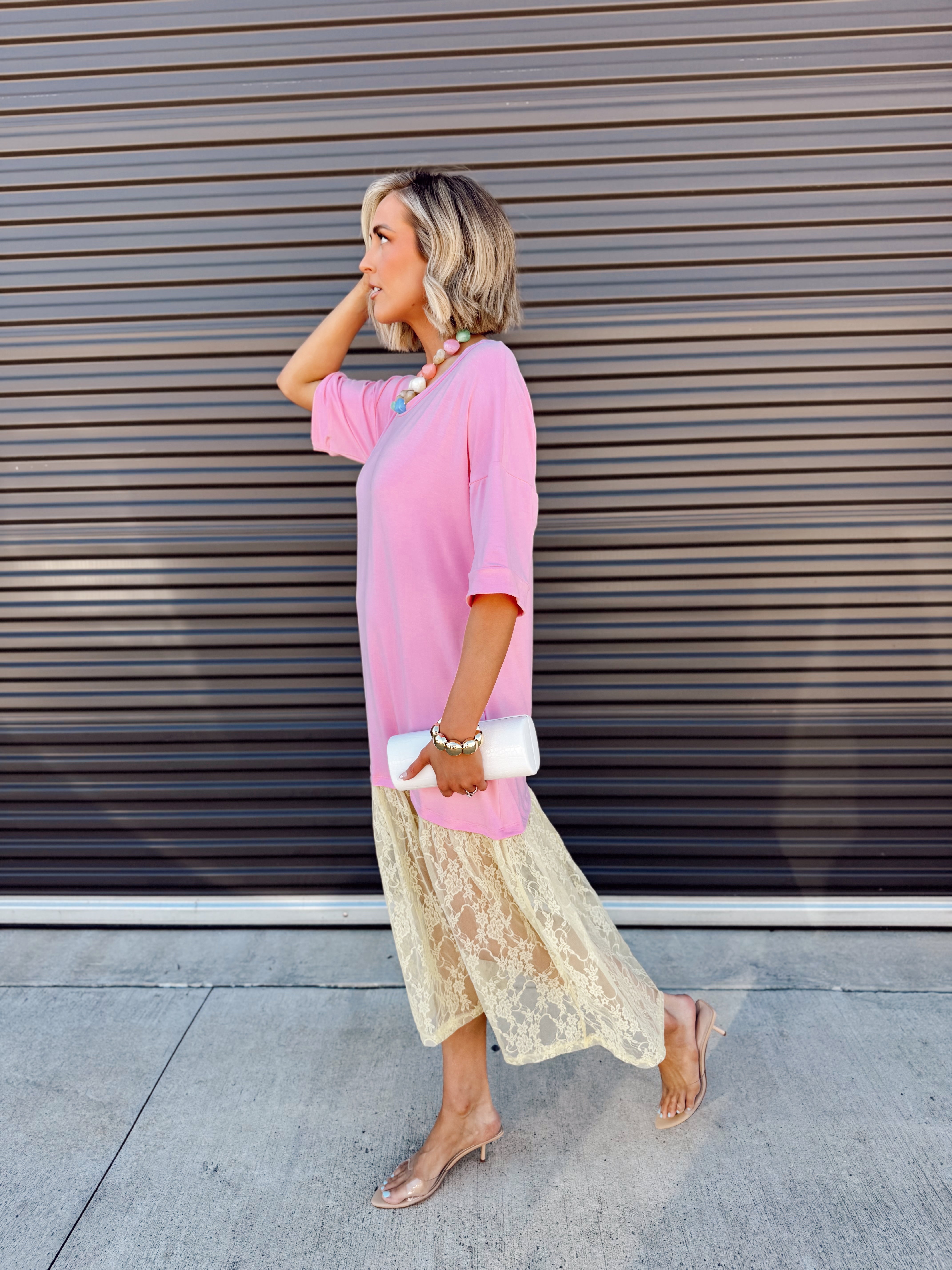 The Carley Two Tone Pink/Yellow Dress – Made in USA Jersey T-Shirt Dress with Lace Hem