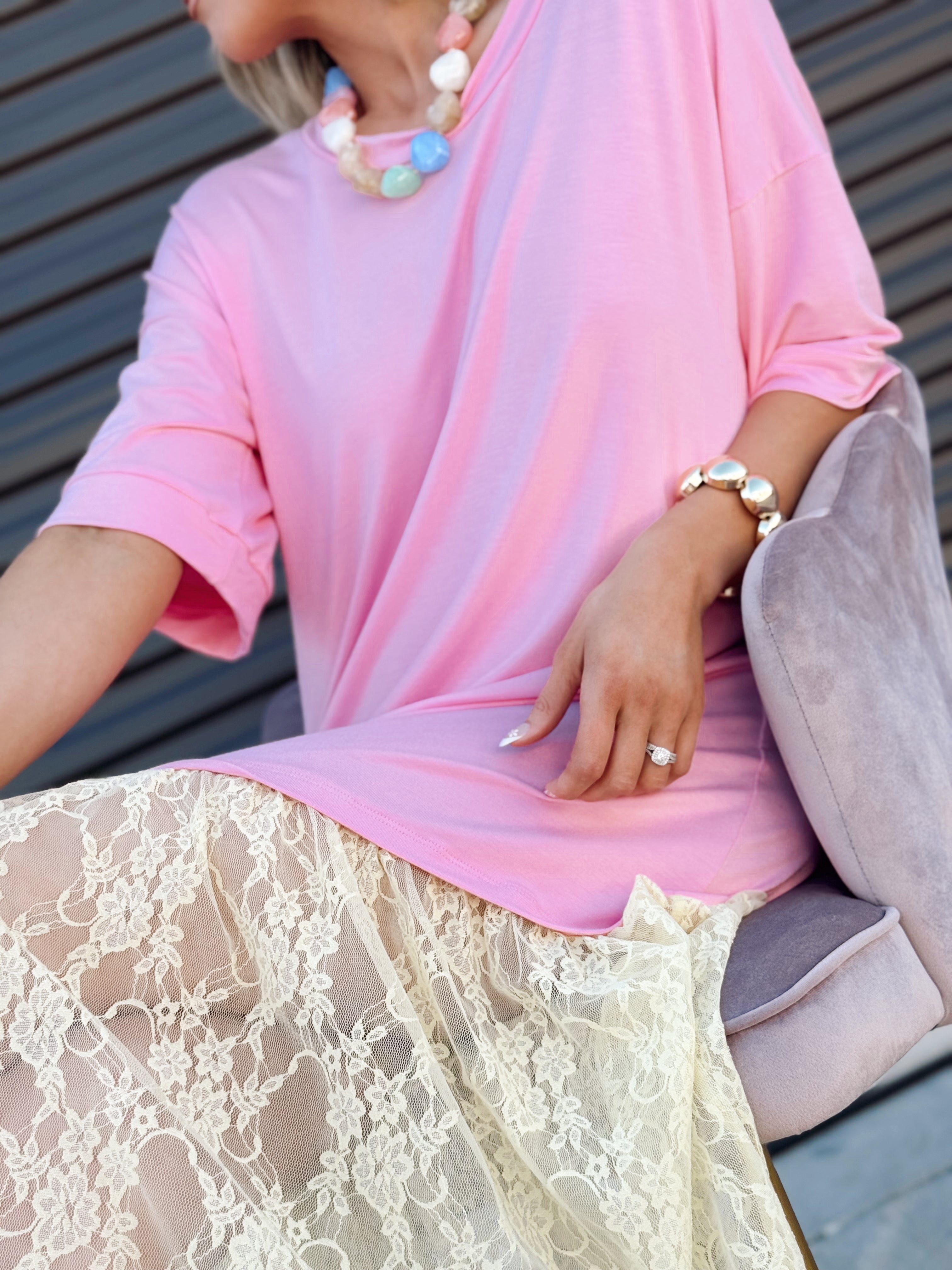 The Carley Two Tone Pink/Yellow Dress – Made in USA Jersey T-Shirt Dress with Lace Hem