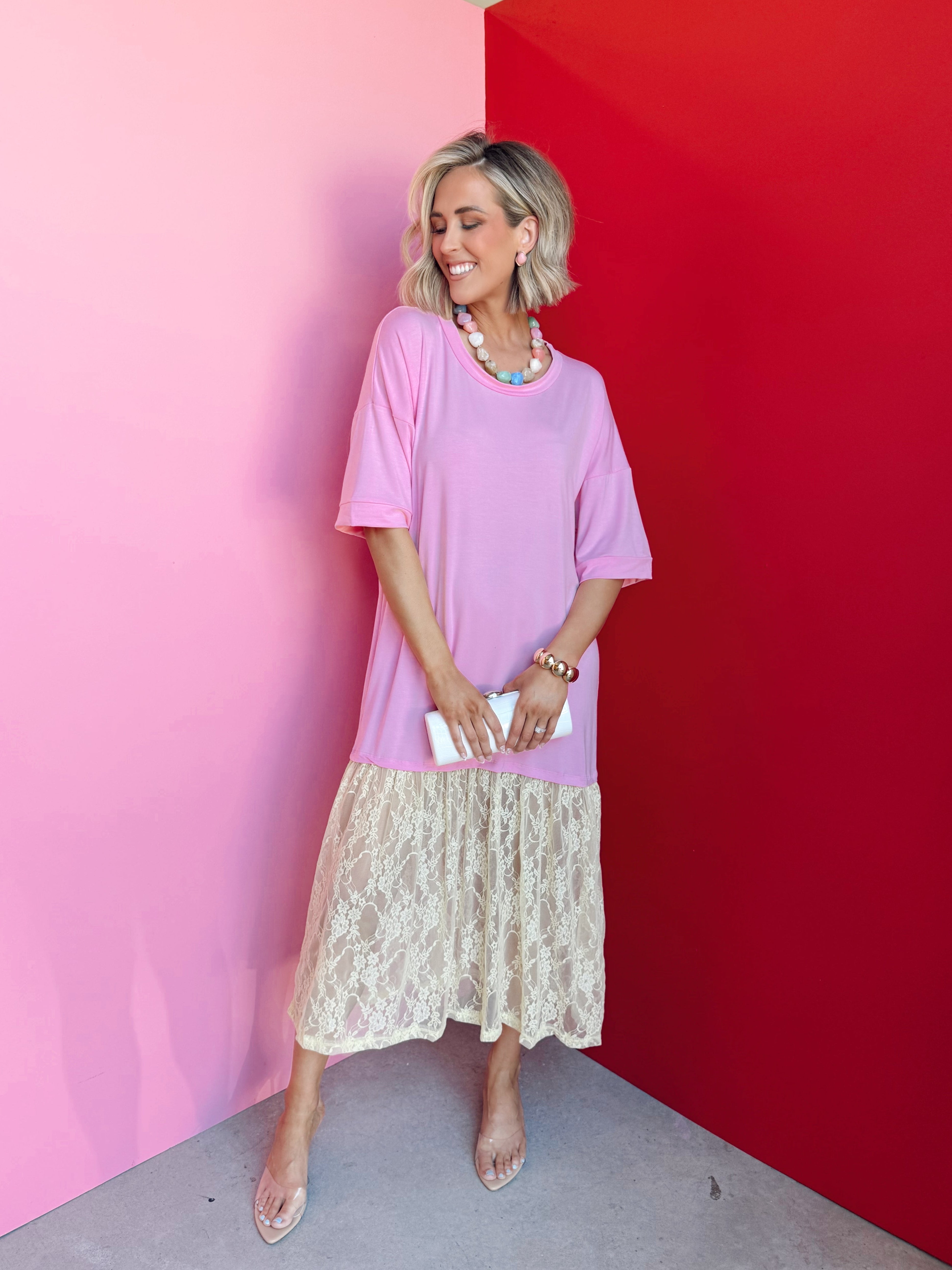 The Carley Two Tone Pink/Yellow Dress – Made in USA Jersey T-Shirt Dress with Lace Hem