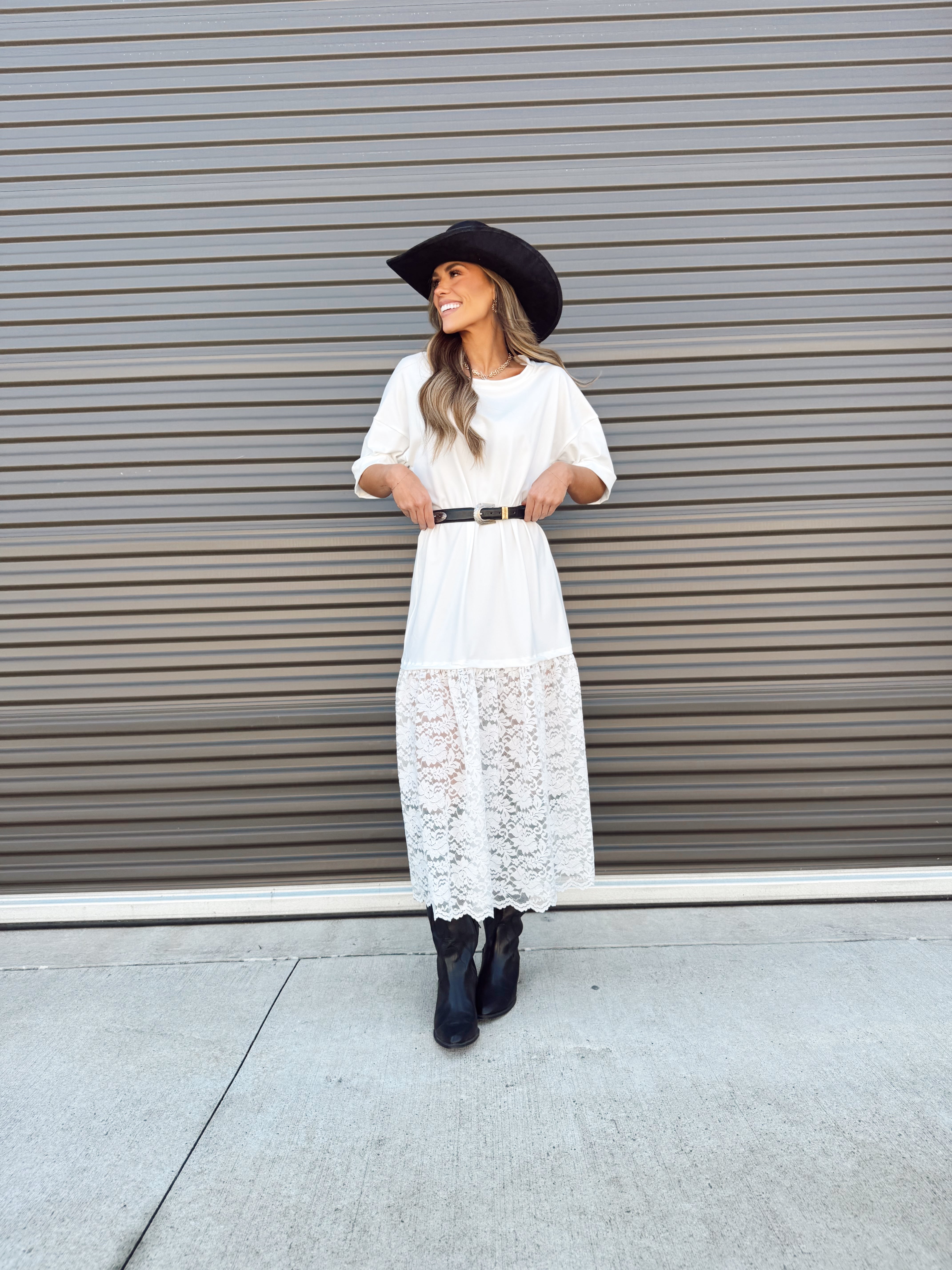 The Carley Off White Dress – Made in USA Jersey T-Shirt Dress with Lace Hem