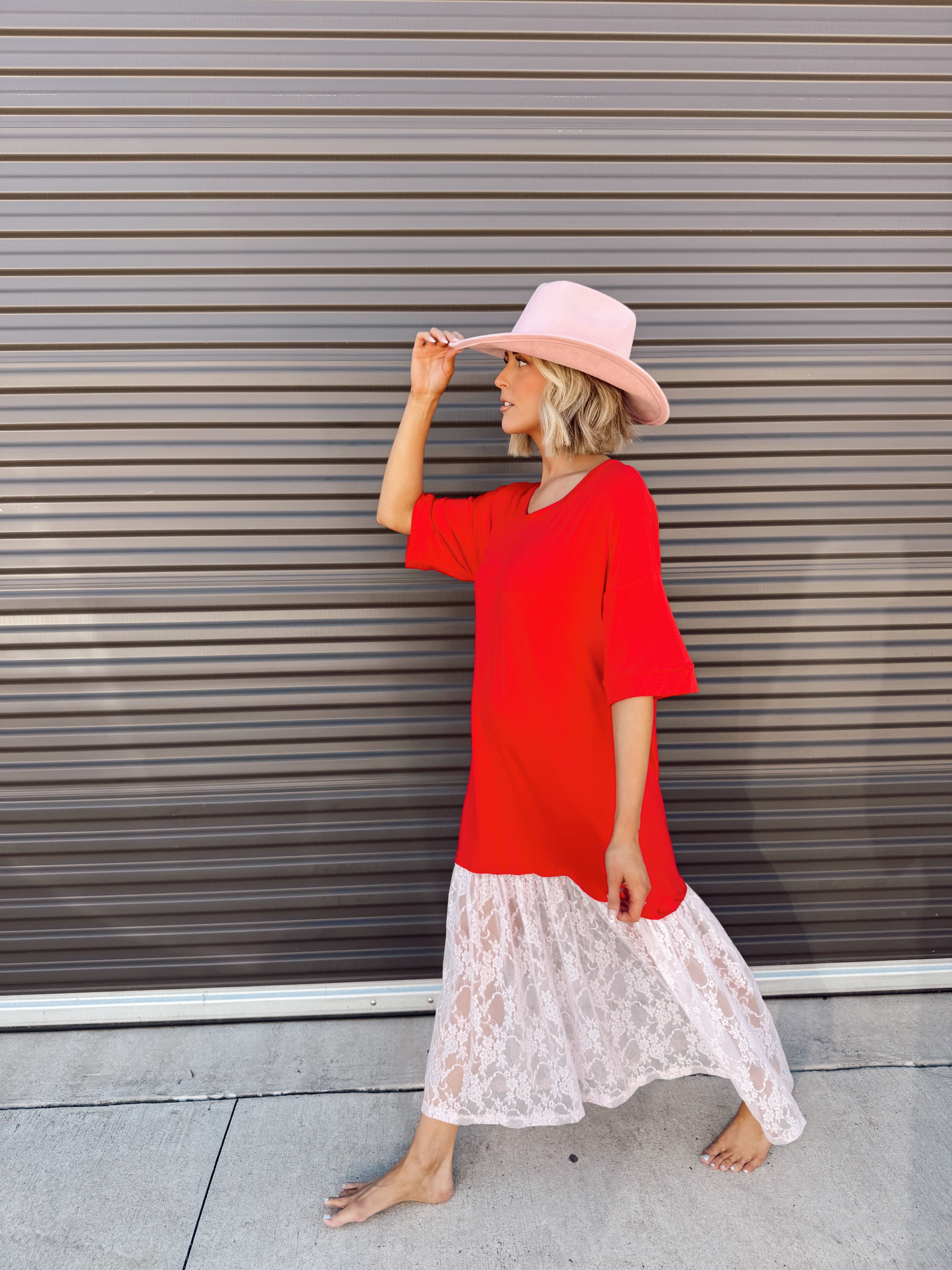 The Carley Two Tone Red/Pink Dress – Made in USA Jersey T-Shirt Dress with Lace Hem