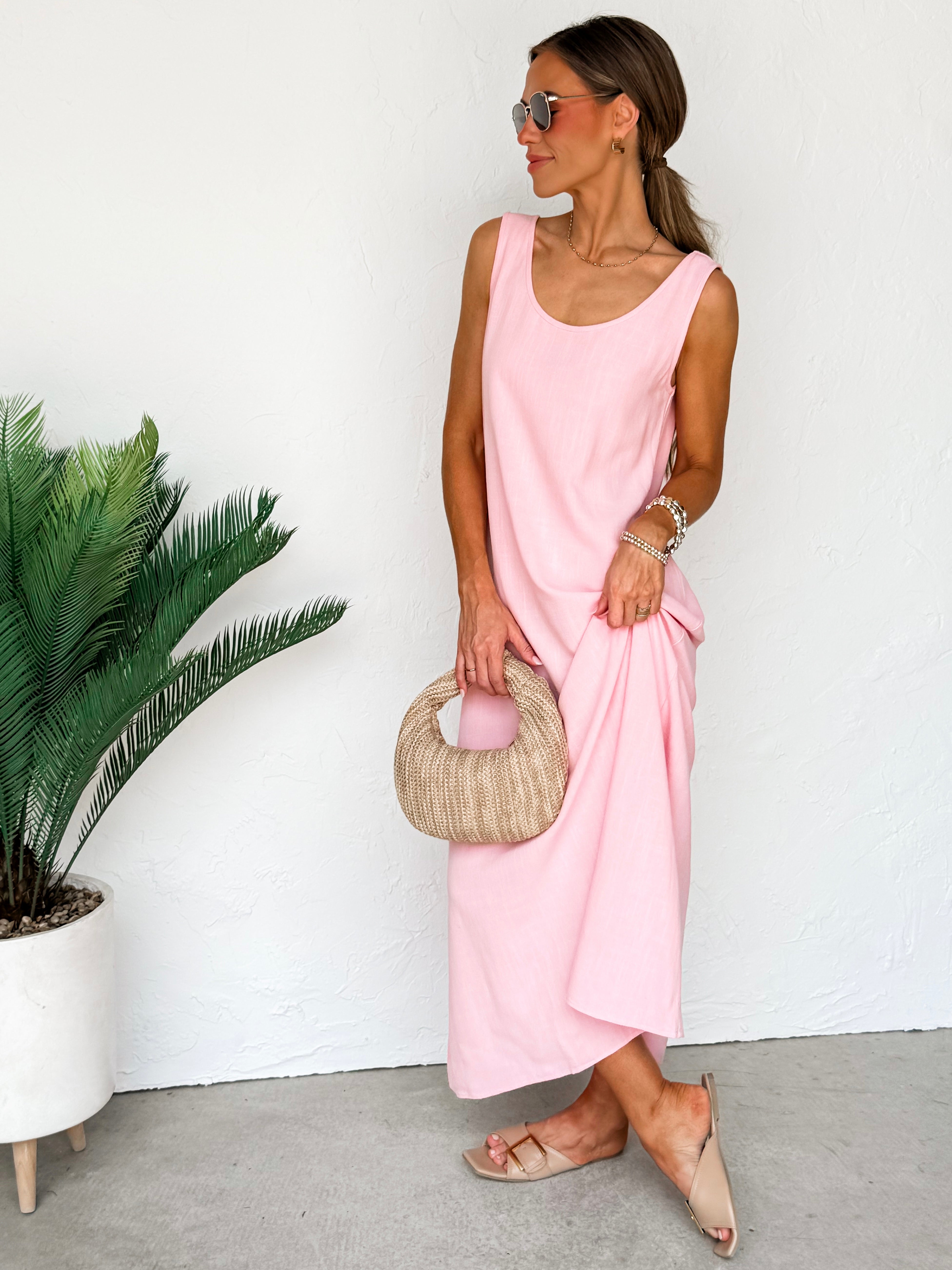 The Forever Sleeveless Linen Dress-Baby Pink