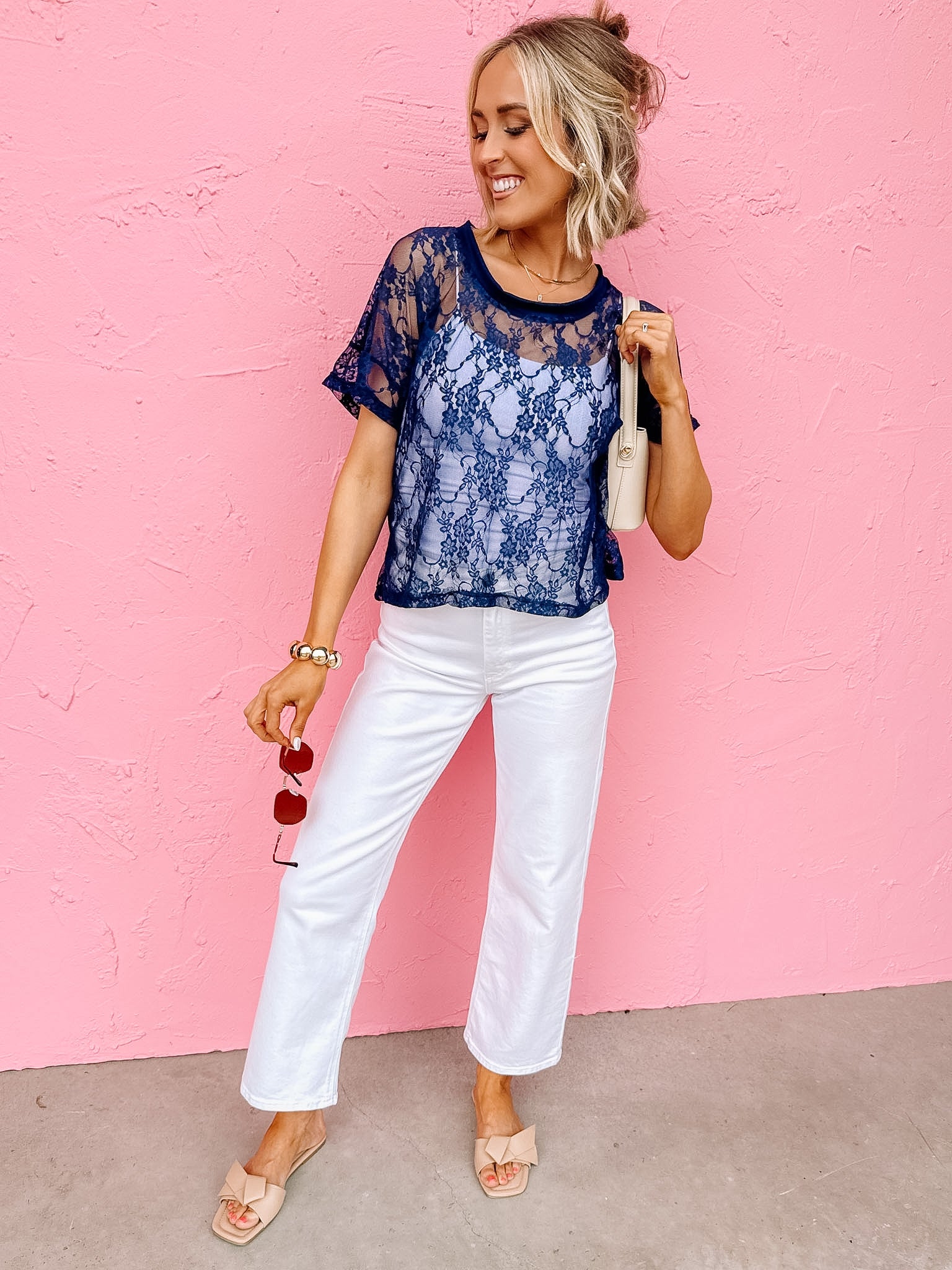 The Taylor Navy Lace Boxy Tee – Made in USA Lightweight Lace Tee