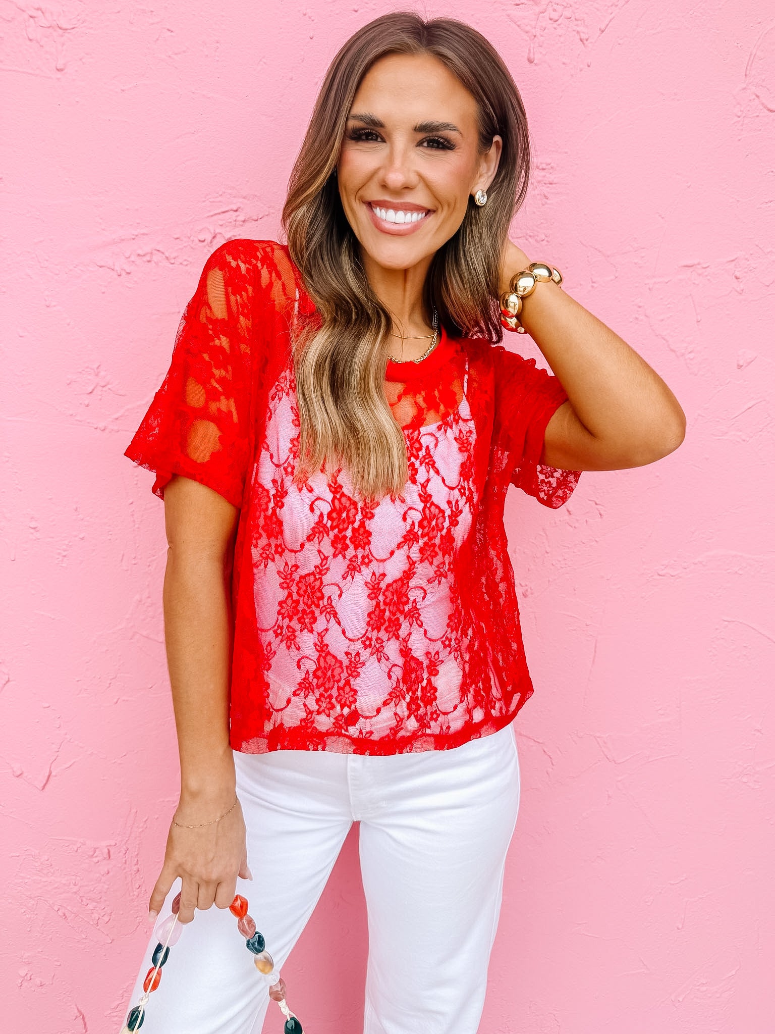 The Taylor Red Lace Boxy Tee – Made in USA Lightweight Lace Tee