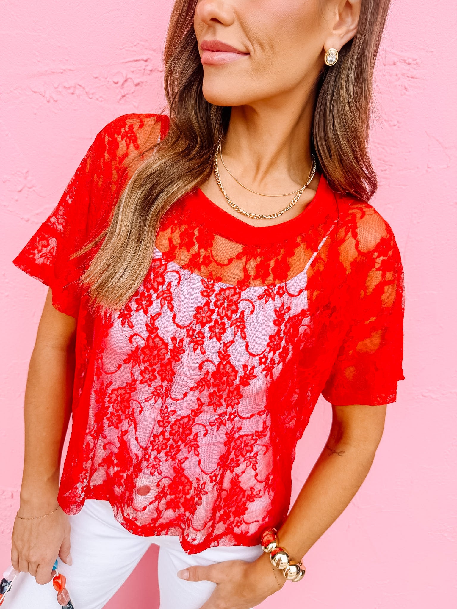 The Taylor Red Lace Boxy Tee – Made in USA Lightweight Lace Tee