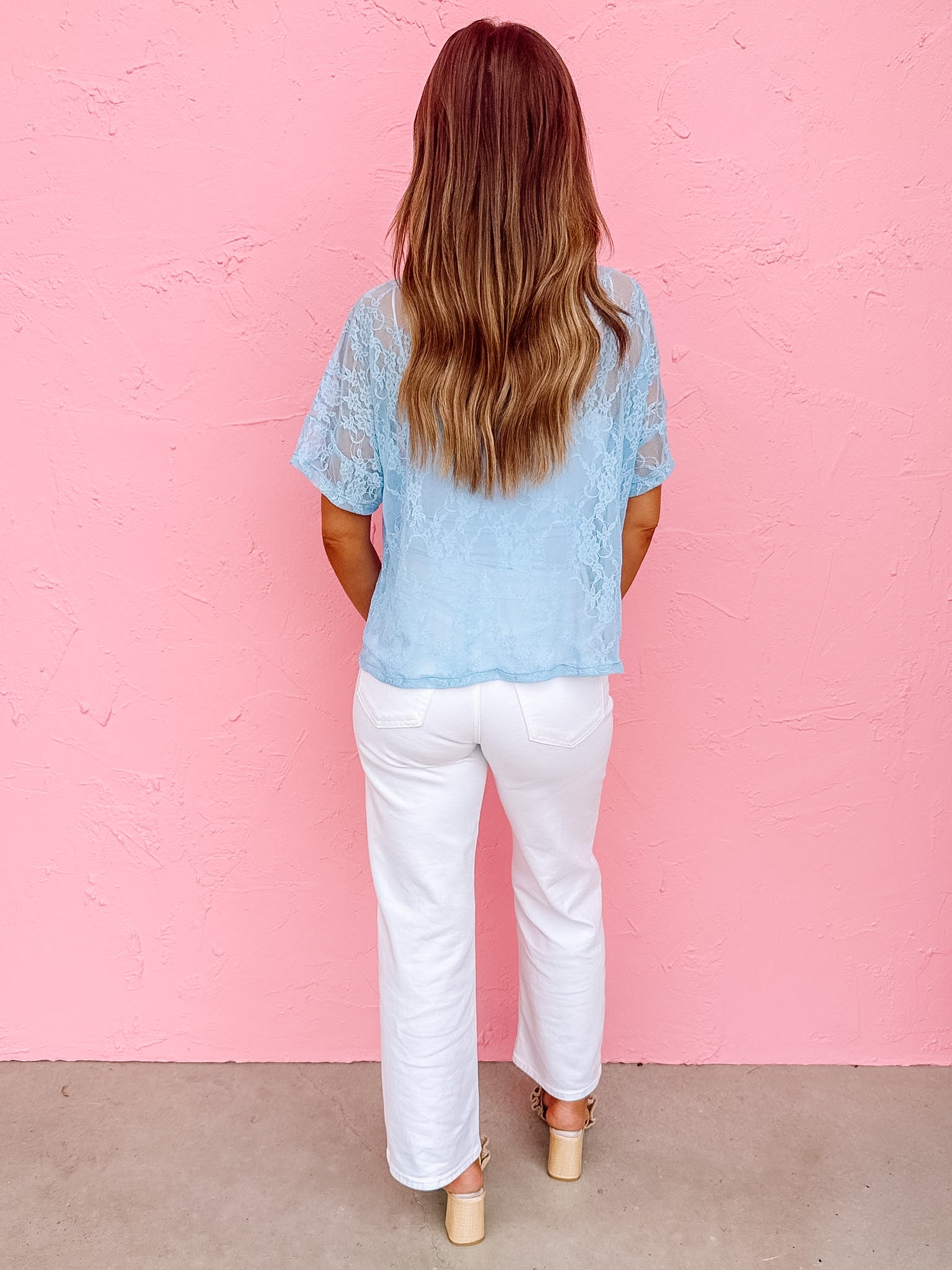 The Taylor Sky Blue Lace Boxy Tee – Made in USA Lightweight Lace Tee