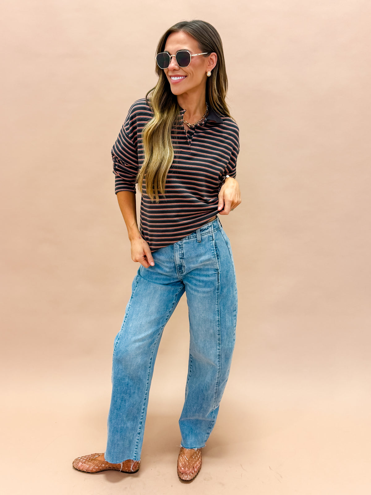 Thea Striped Button Front Collared Top-Charcoal