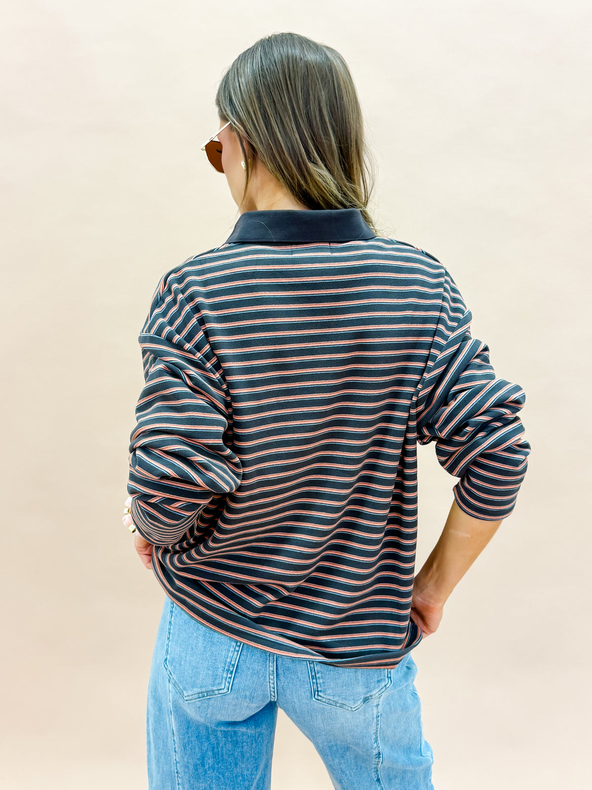 Thea Striped Button Front Collared Top-Charcoal