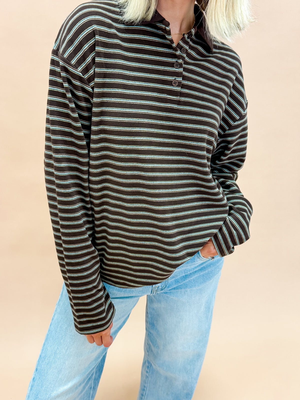Thea Striped Button Front Collared Top-Chocolate