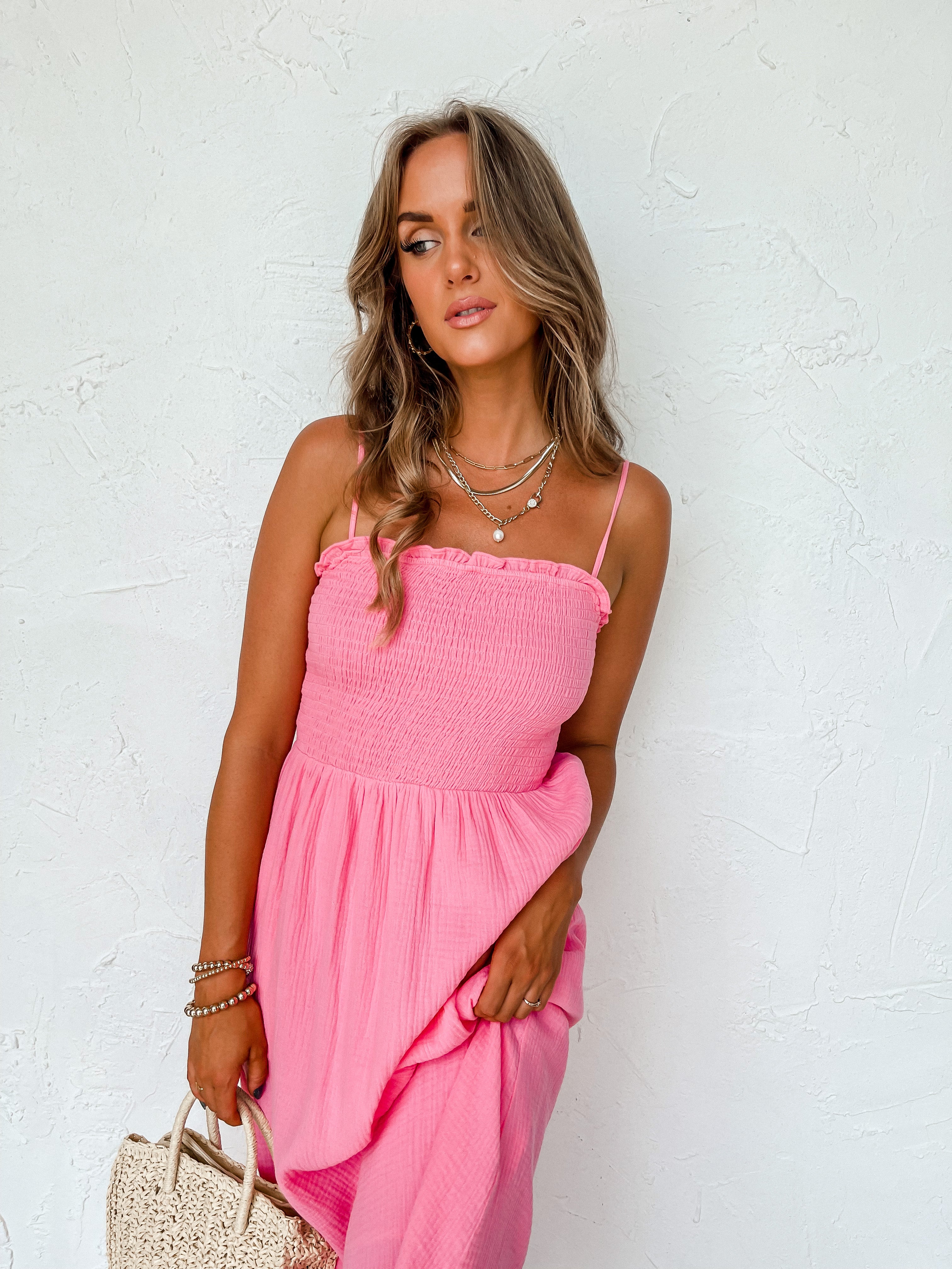 Think About It Smocked Maxi Dress-Pink