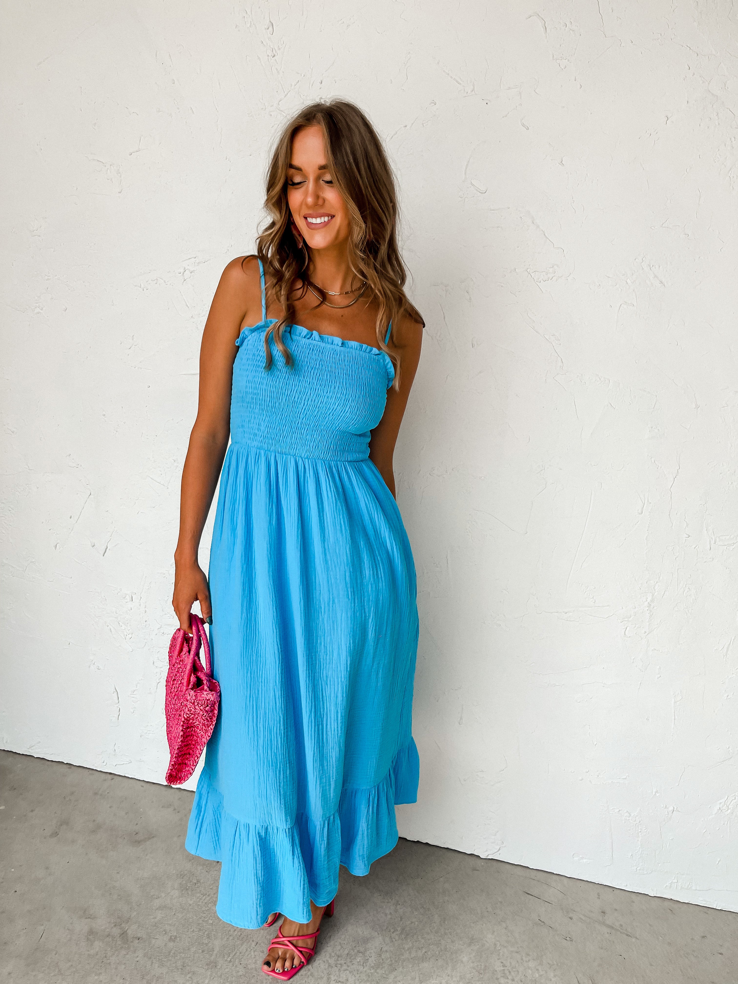 Think About It Smocked Maxi Dress-Blue