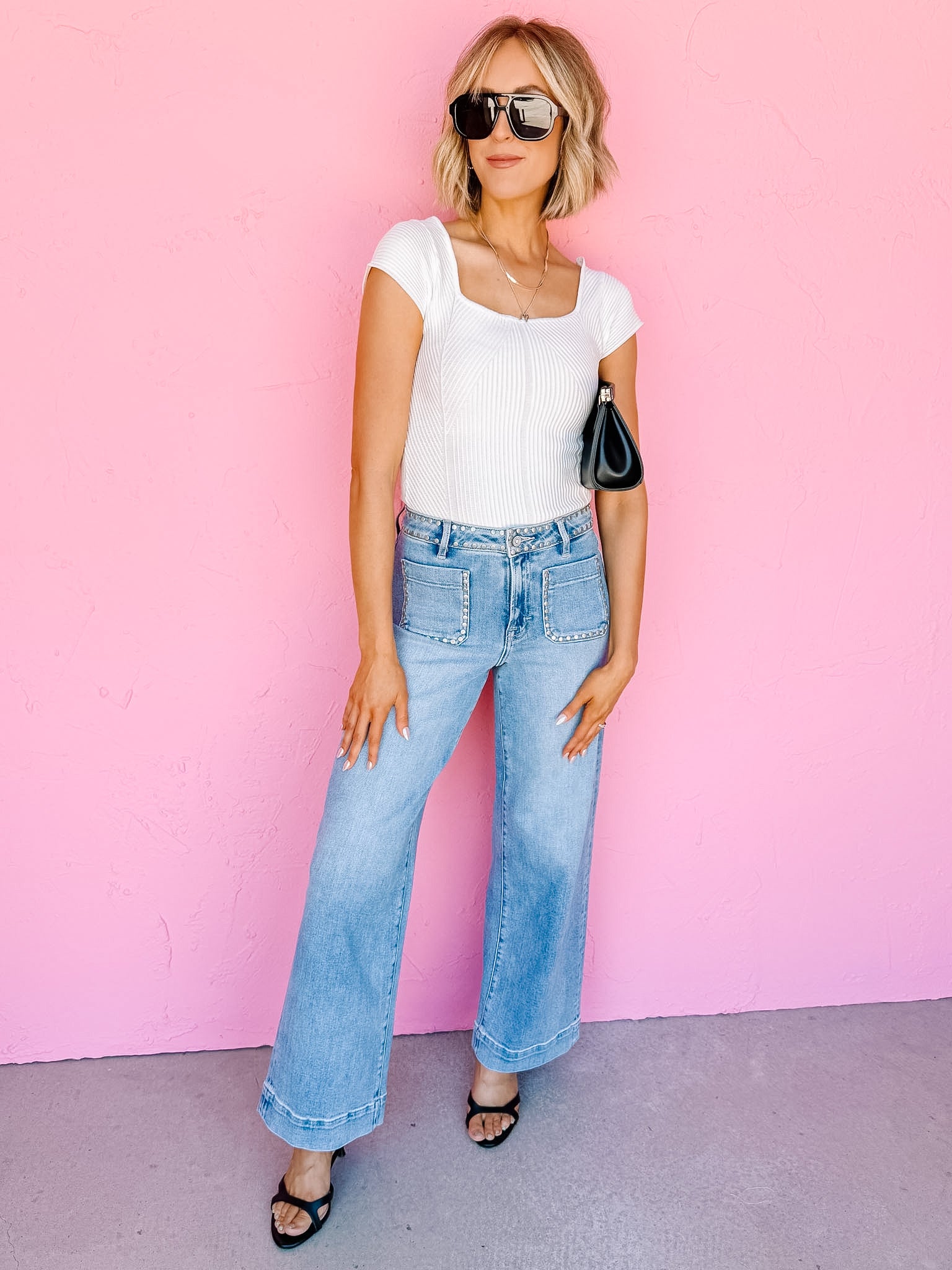 [Hidden] Nori Stud Pocket Detail High Rise Wide Leg