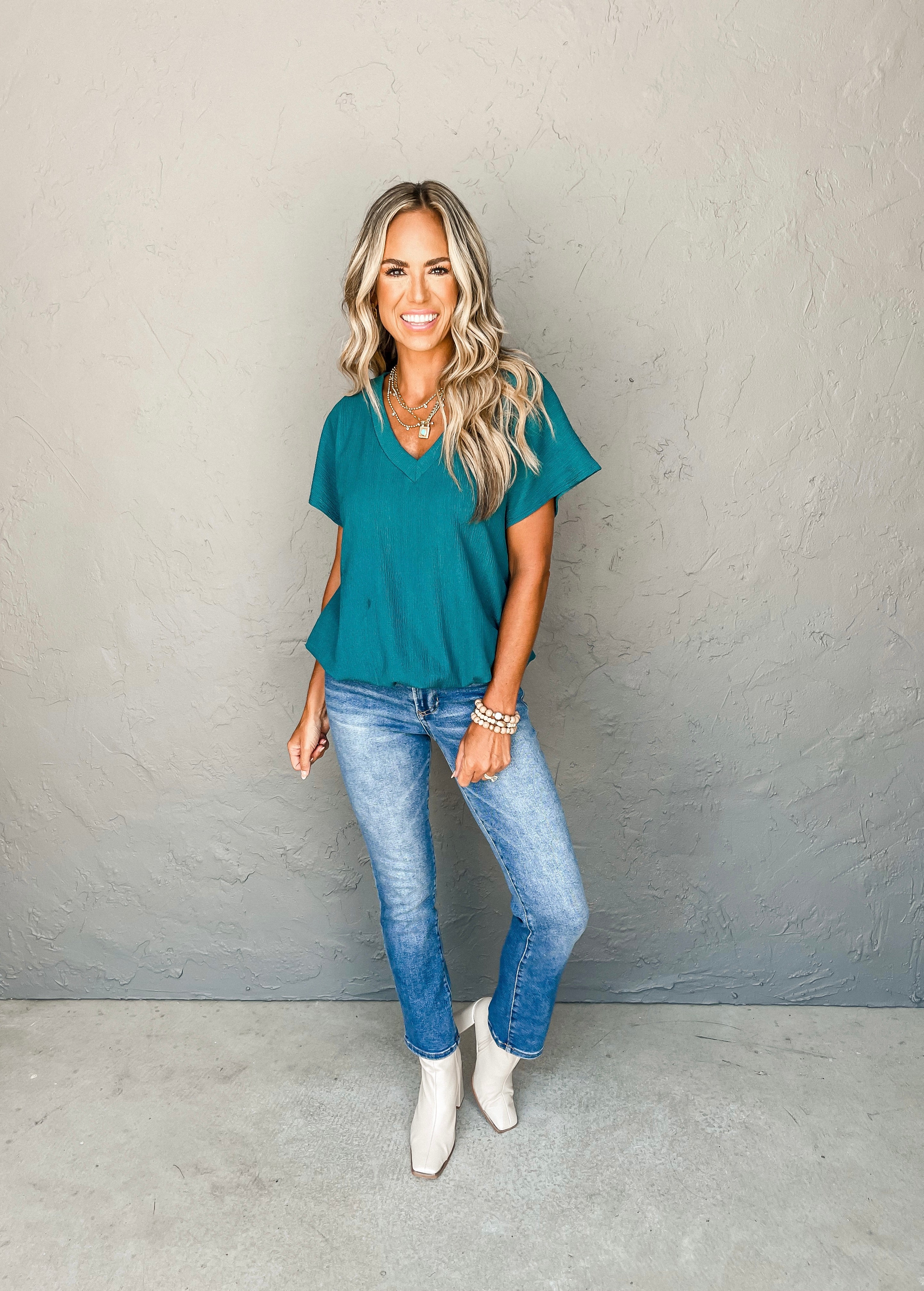 Time To Fly V Neck Bubble Hem Top-Teal — Ruthie Grace
