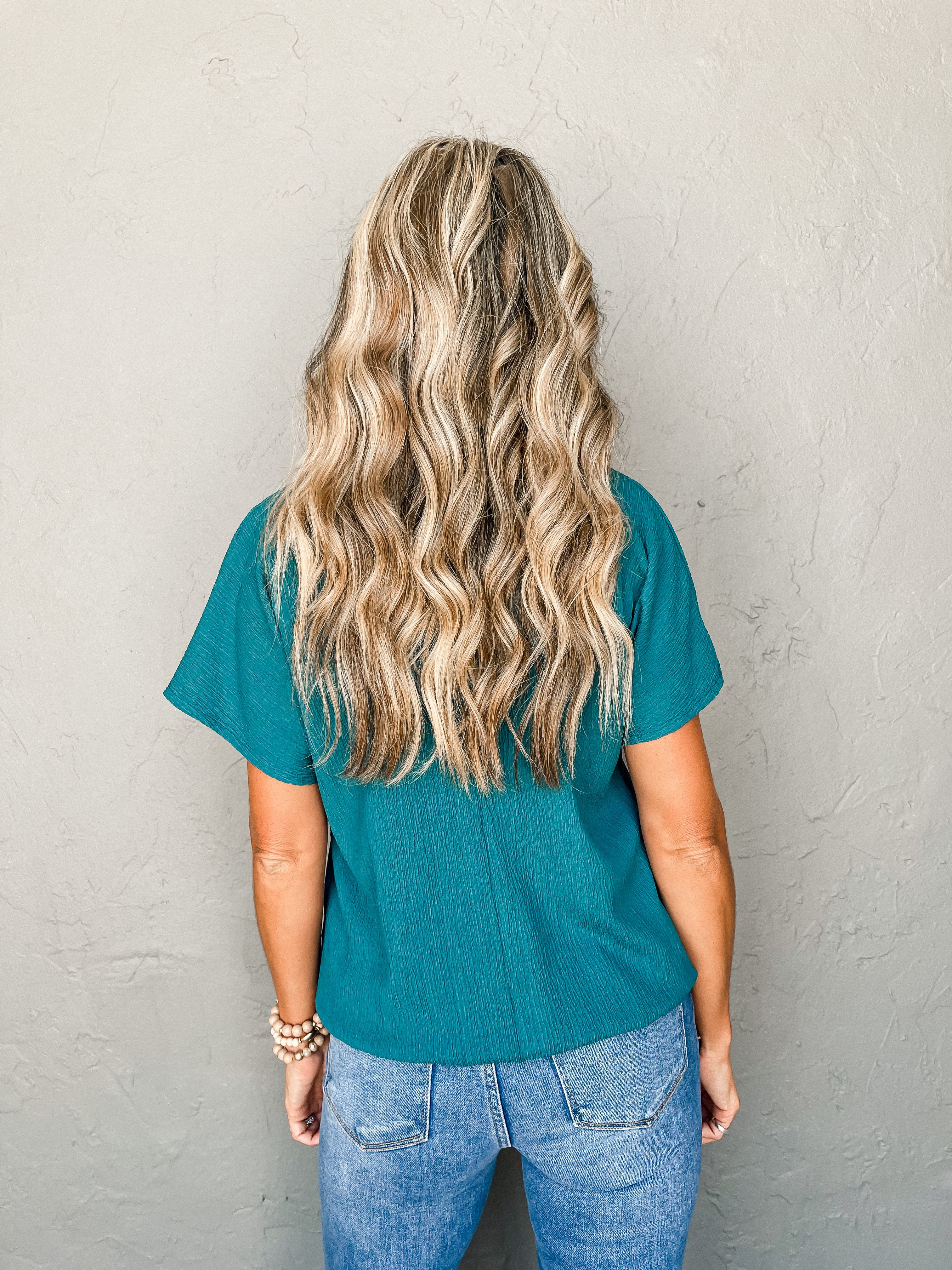 Time To Fly V Neck Bubble Hem Top-Teal