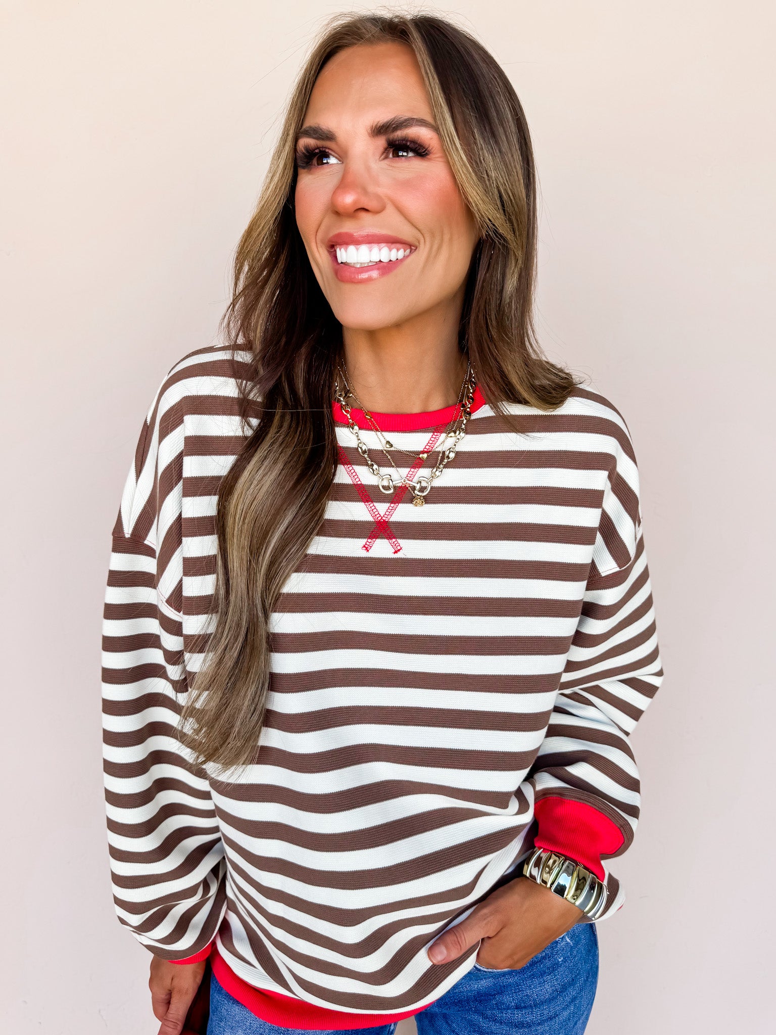 Luxe Comfort Striped Sweatshirt-Brown