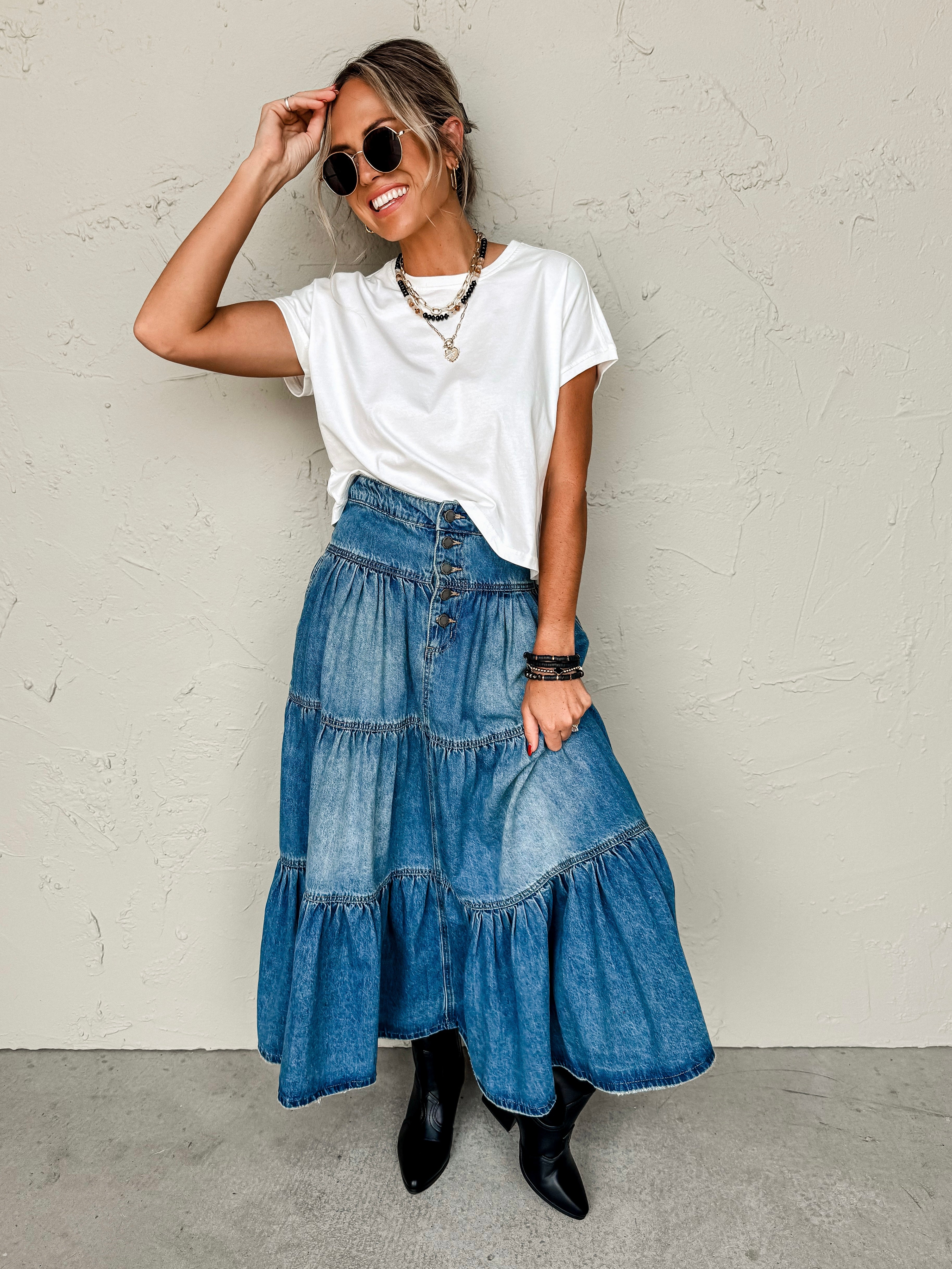 Two Steppin Tiered Denim Maxi Skirt