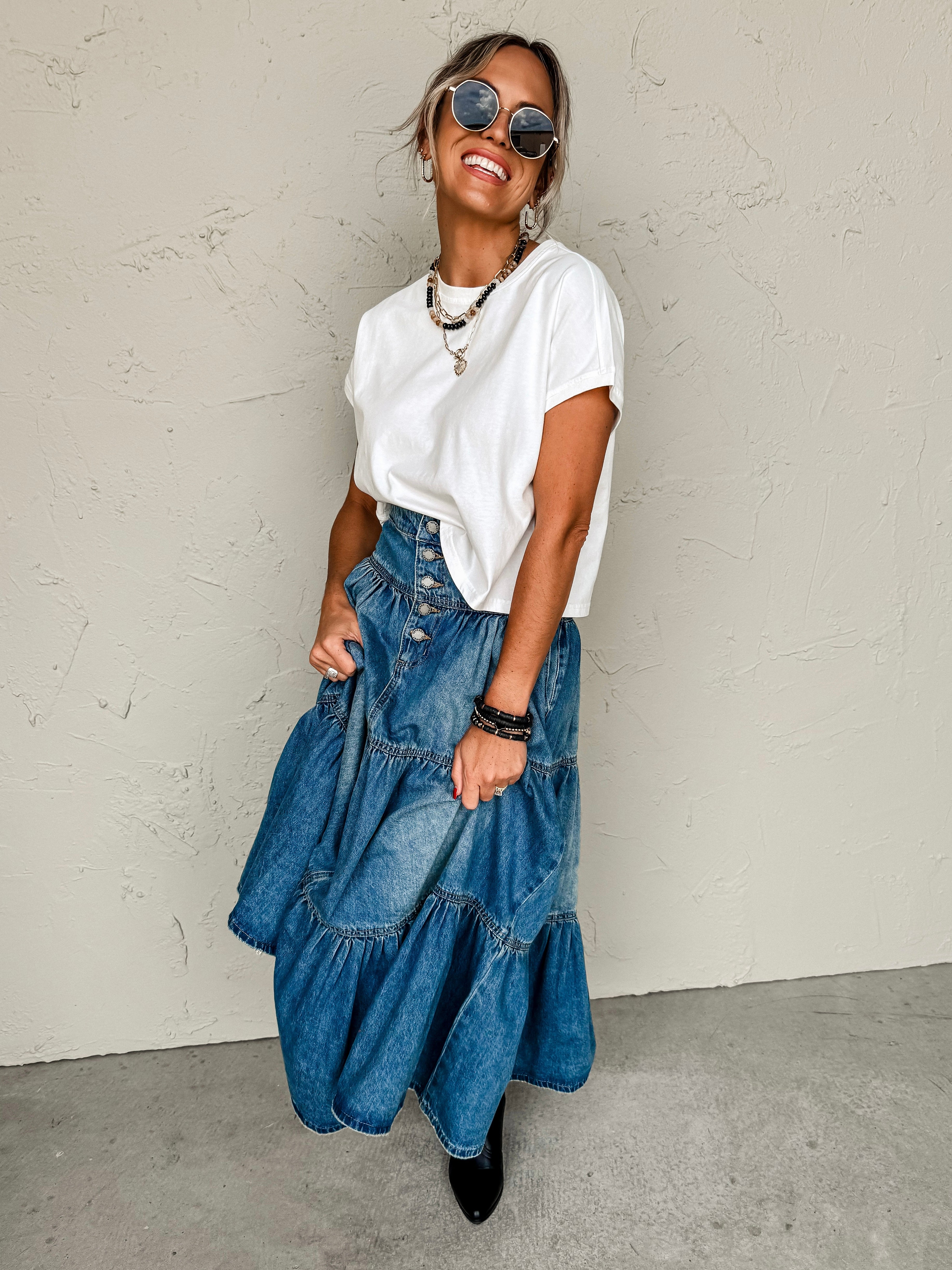 Two Steppin Tiered Denim Maxi Skirt