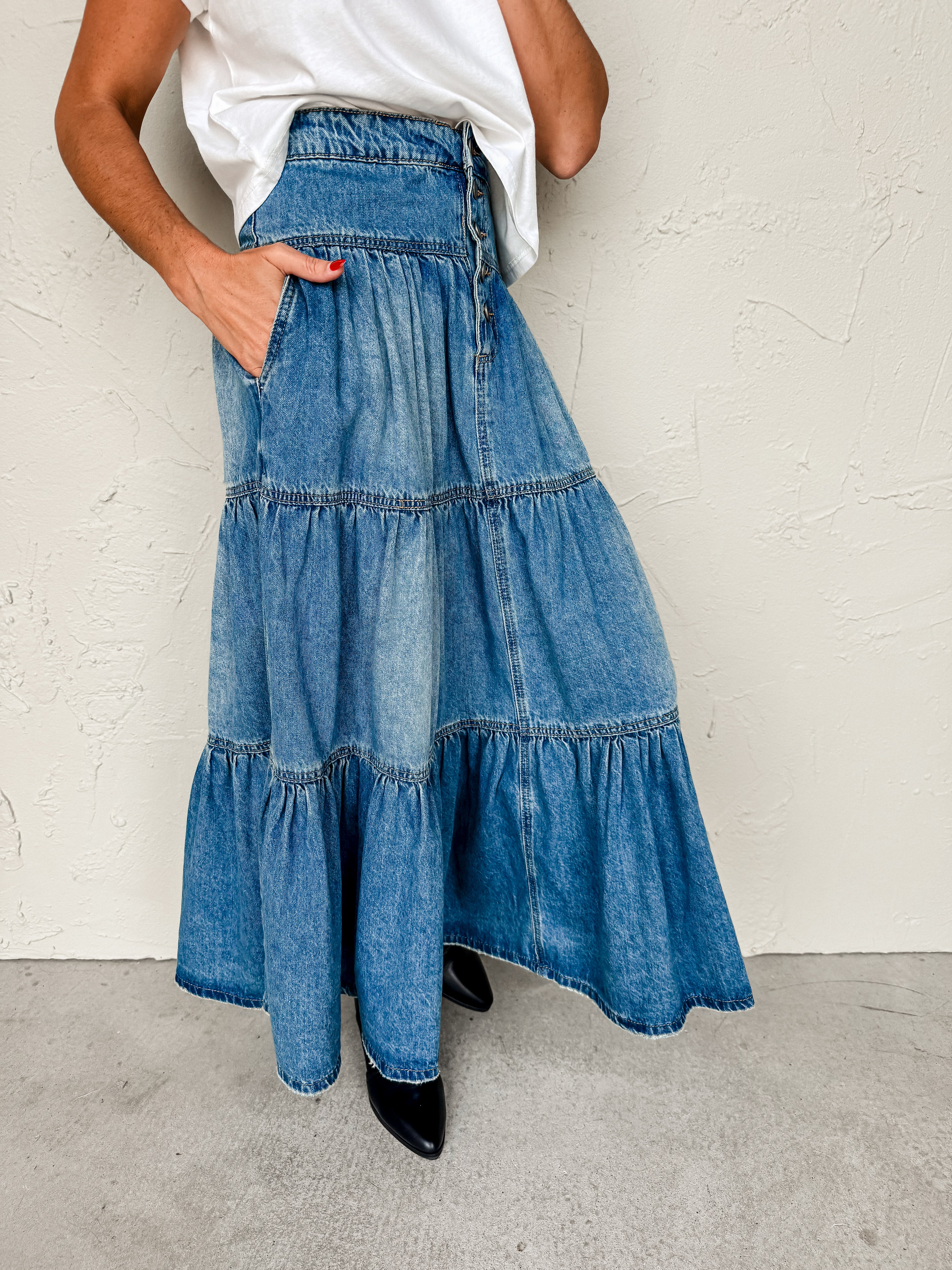 Two Steppin Tiered Denim Maxi Skirt