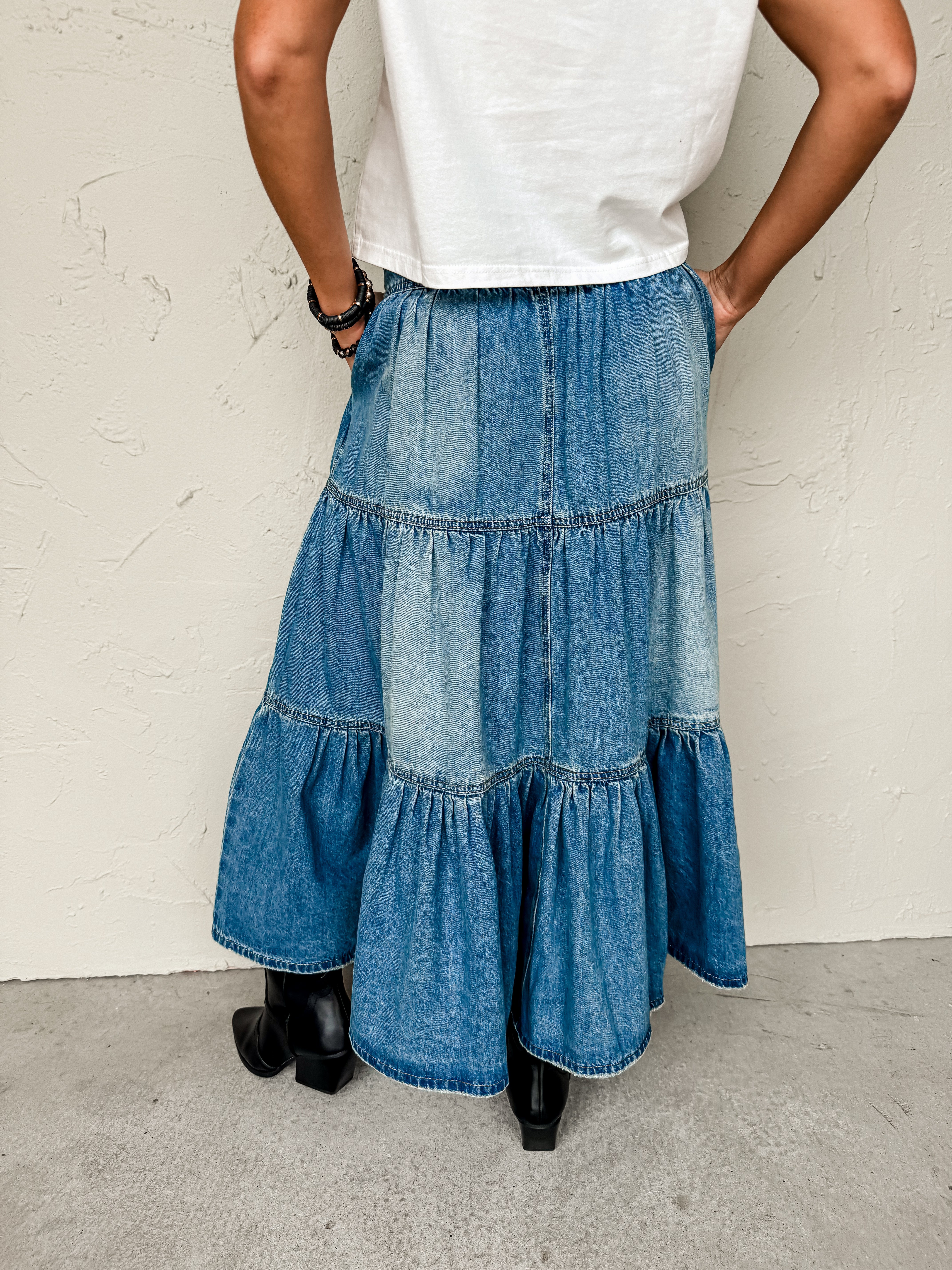 Two Steppin Tiered Denim Maxi Skirt