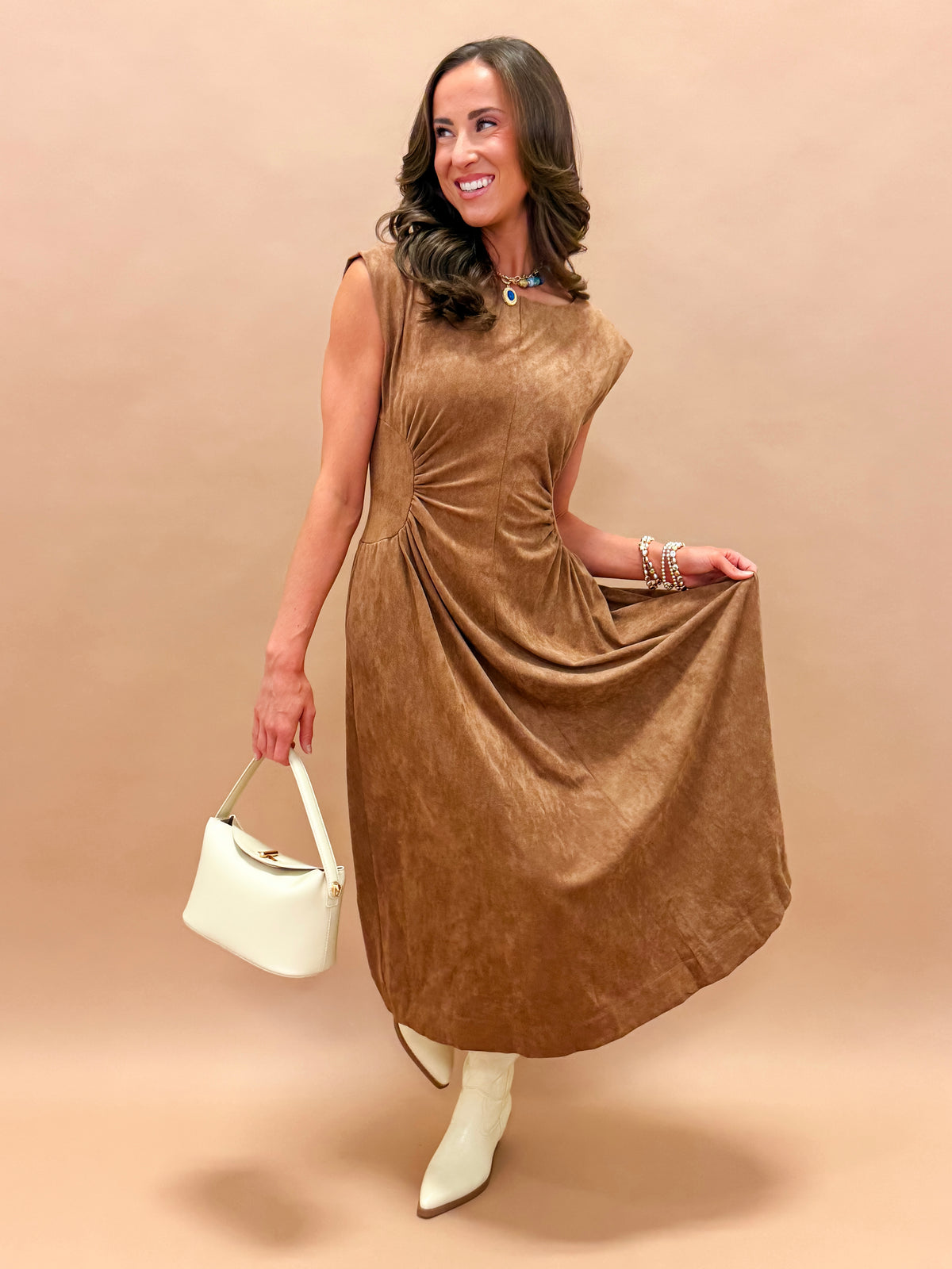 Tyra Faux Suede Side Panel Midi Dress