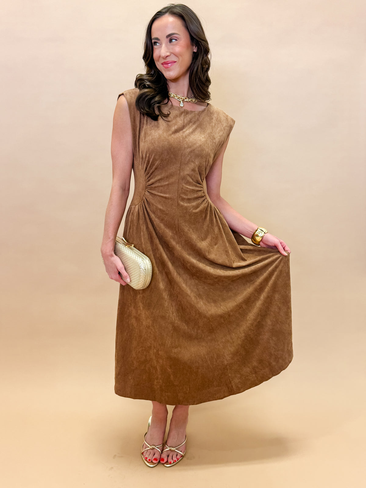 Tyra Faux Suede Side Panel Midi Dress