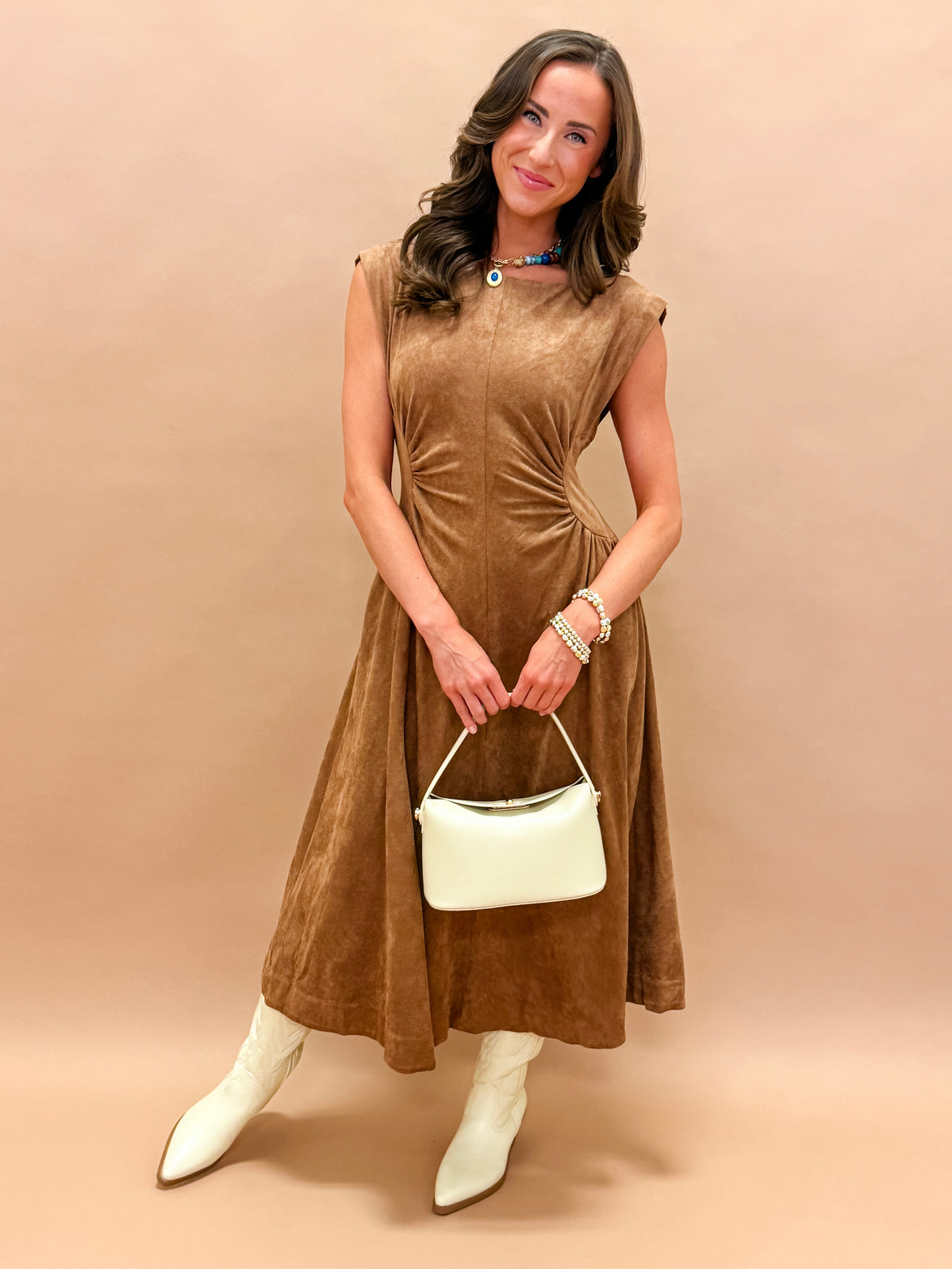 Tyra Faux Suede Side Panel Midi Dress
