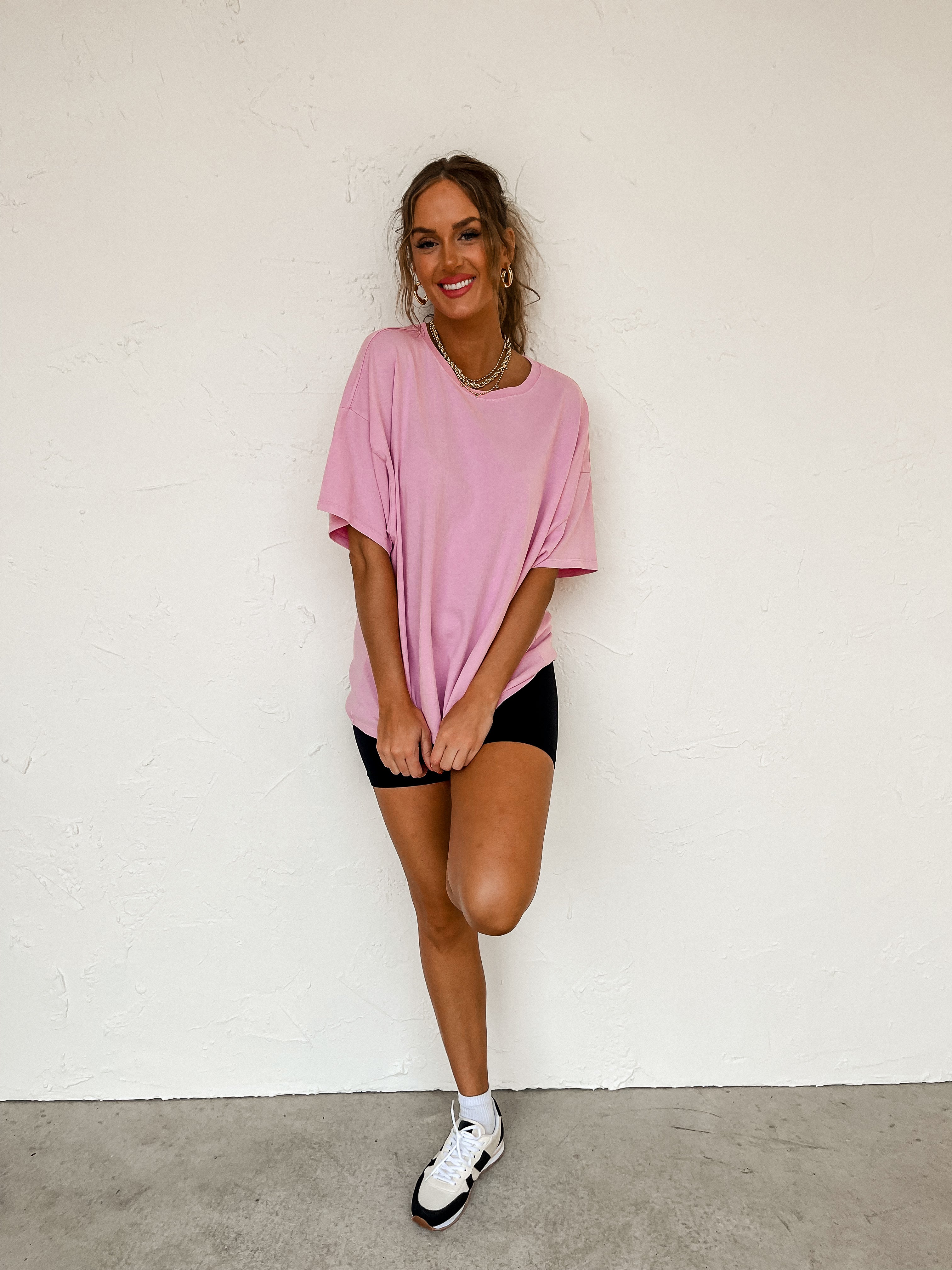 Up At Dawn Oversized Short Sleeve Top-Pink