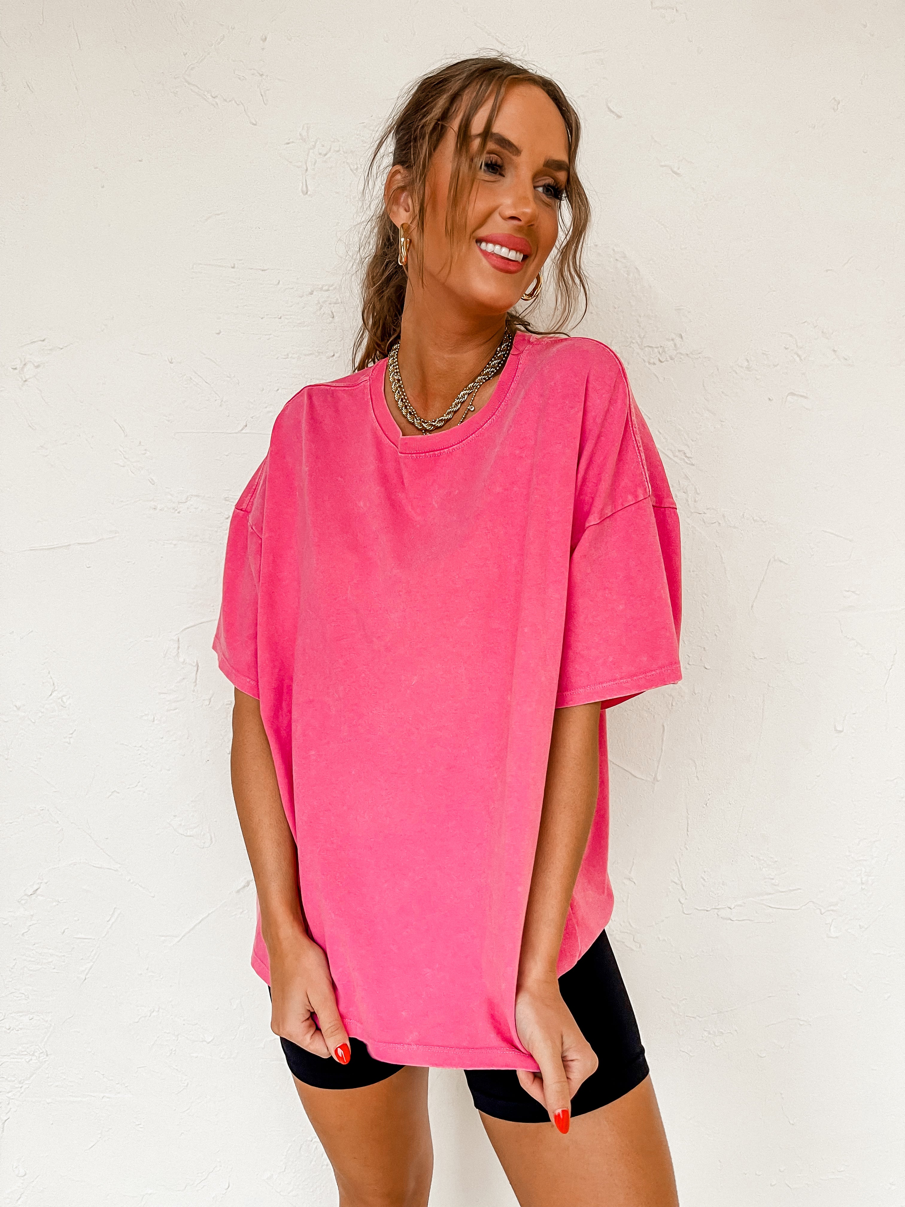 Up At Dawn Oversized Short Sleeve Top-Raspberry
