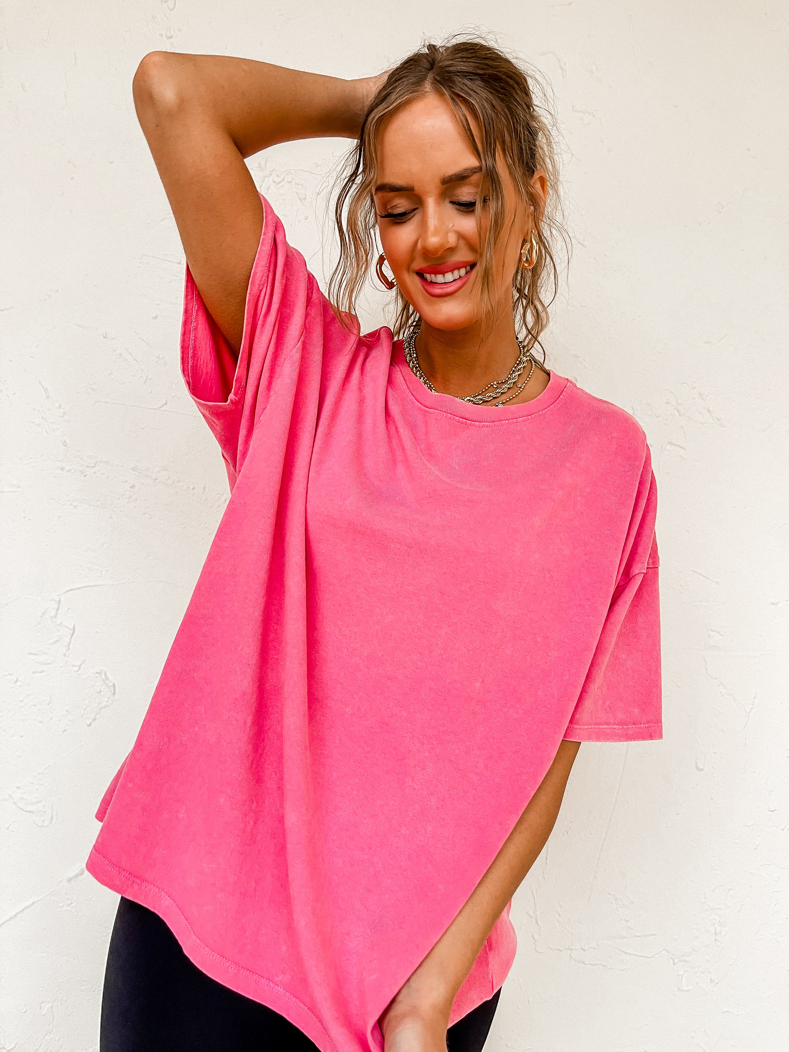 Up At Dawn Oversized Short Sleeve Top-Raspberry