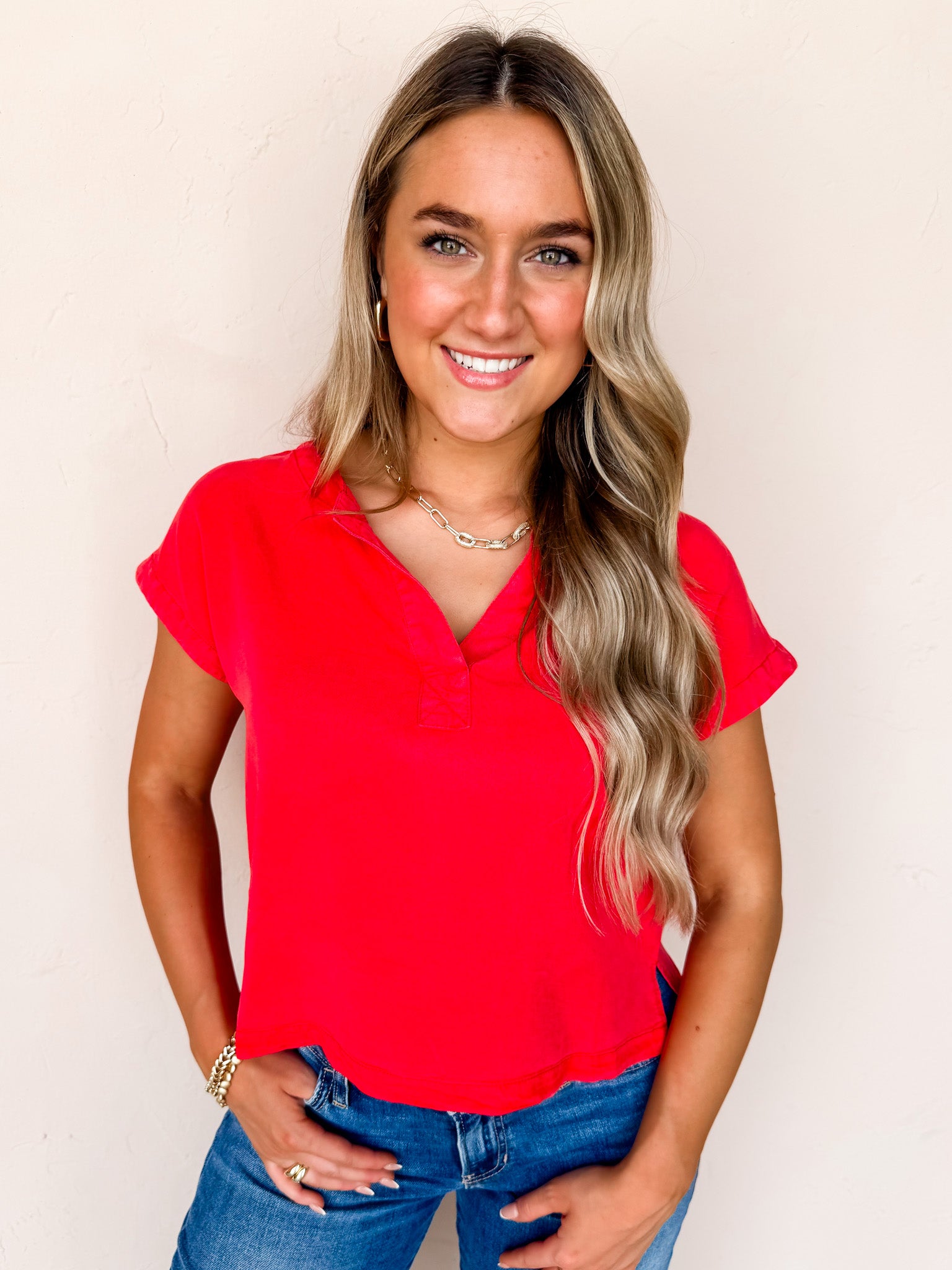 Upper East Ease Notched V Neck Top