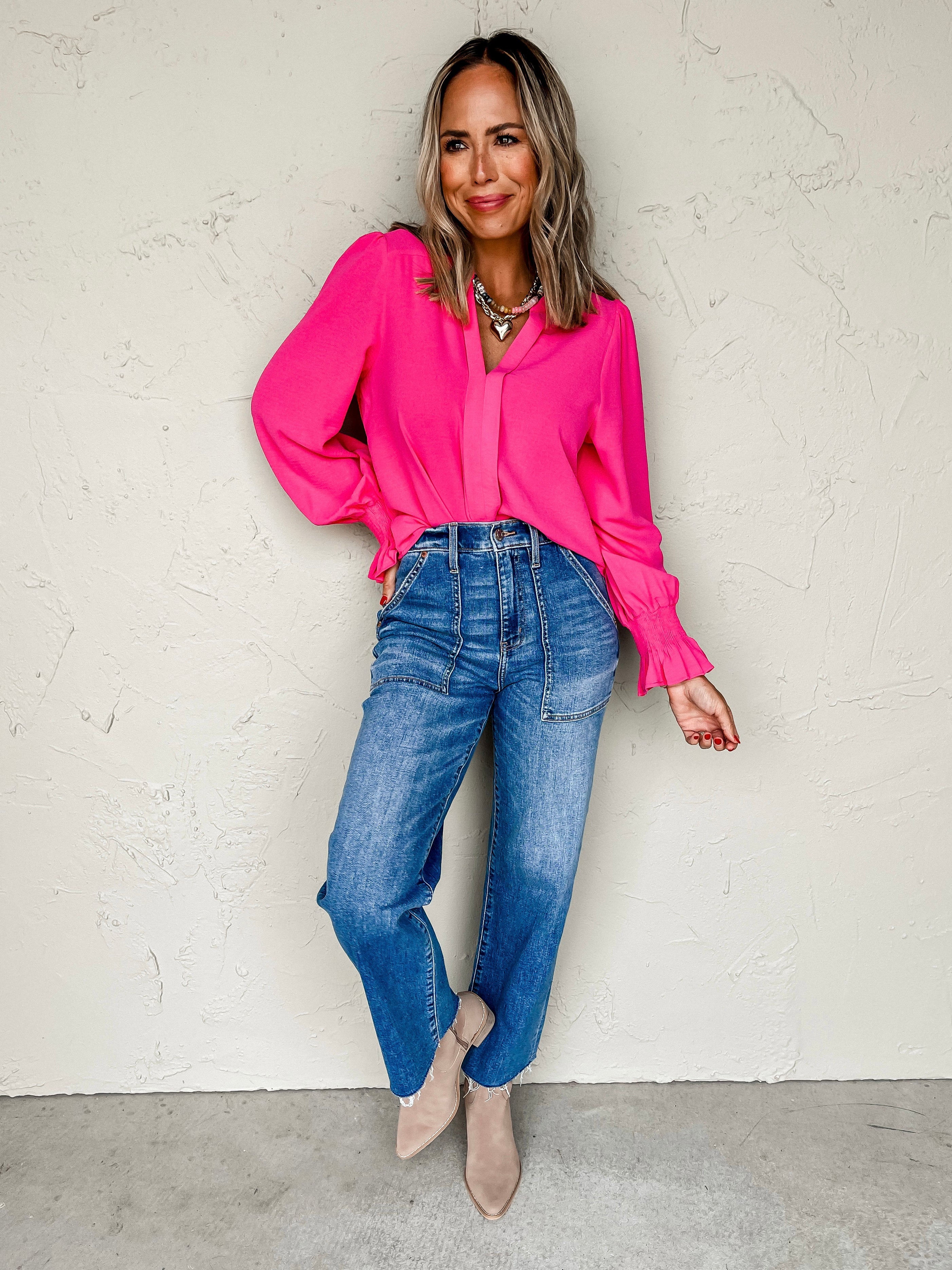 Urban Society V Neck Top-Hot Pink