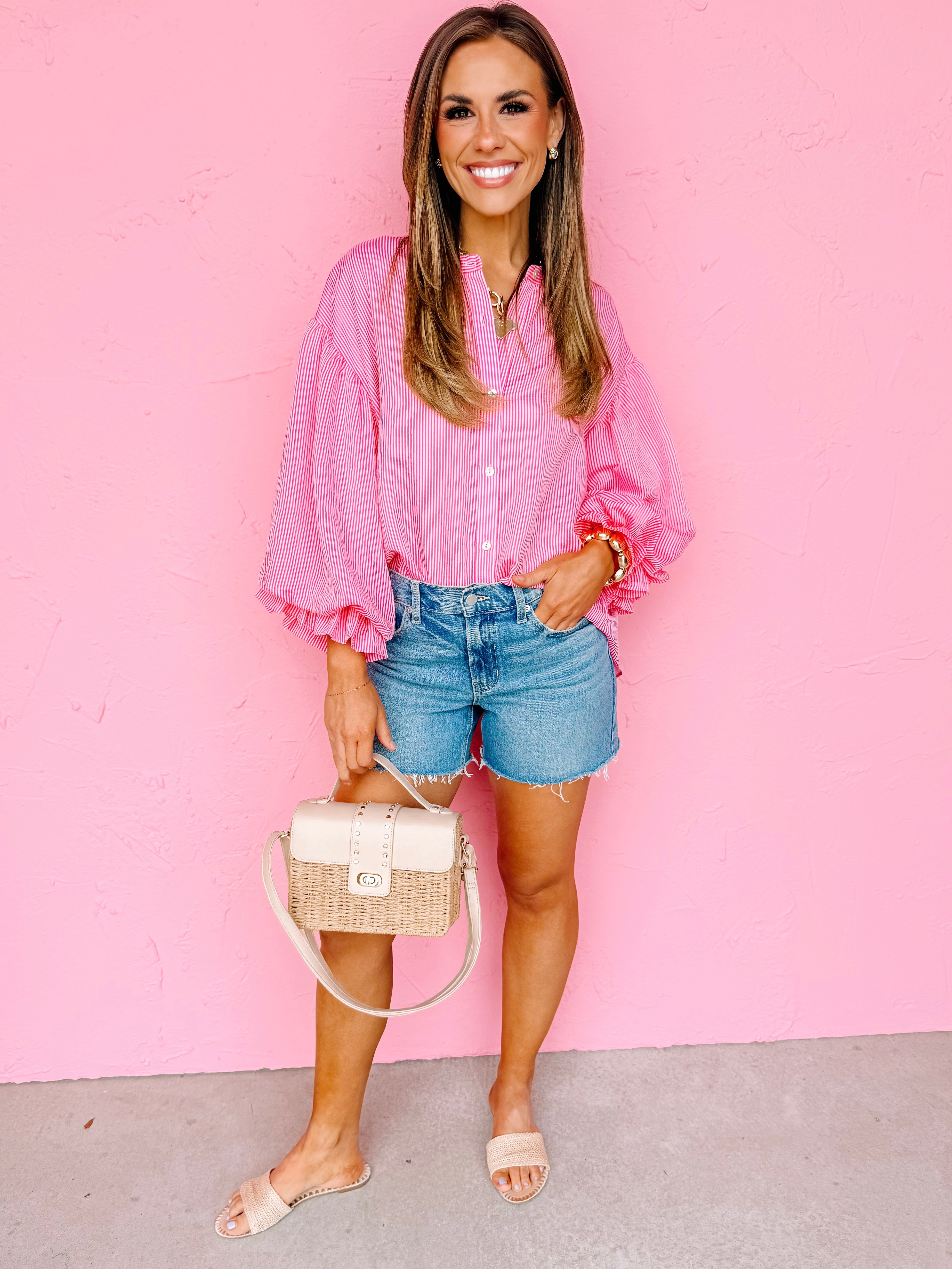 Vickie Pinstripe Bubble Sleeve Blouse