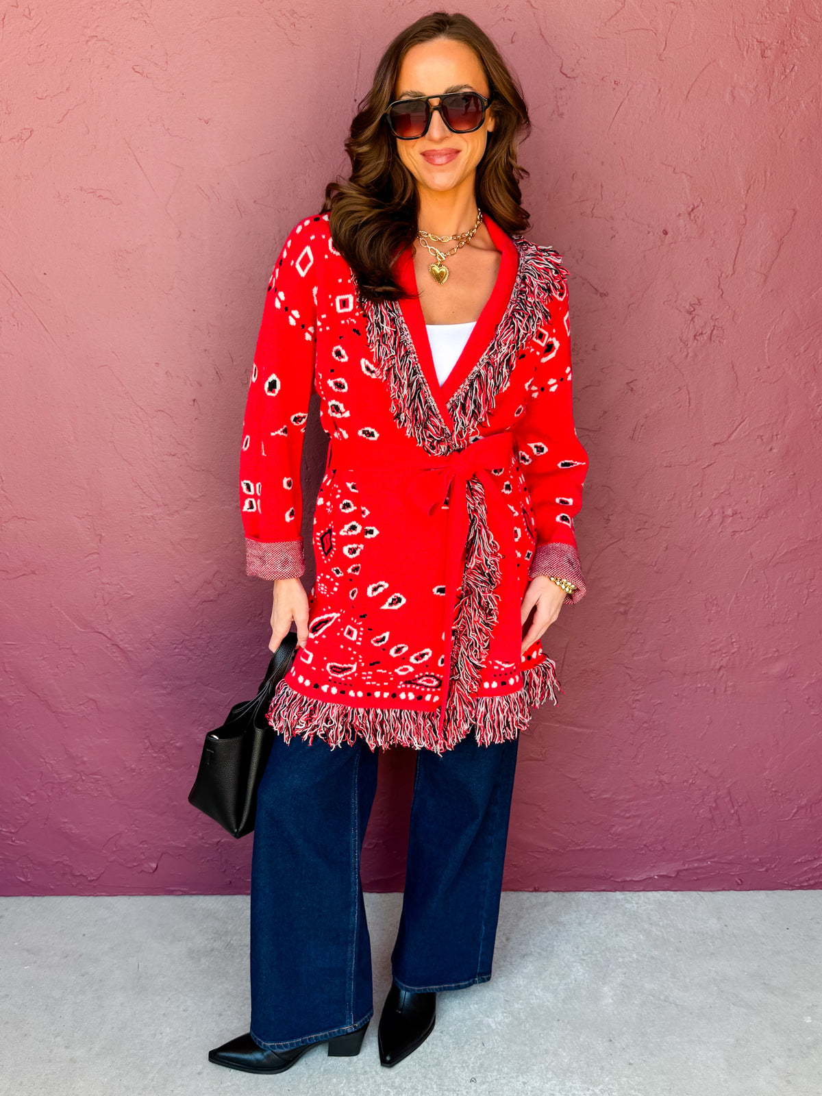 Vidalia Bandana Print Fringe Wrap Cardigan