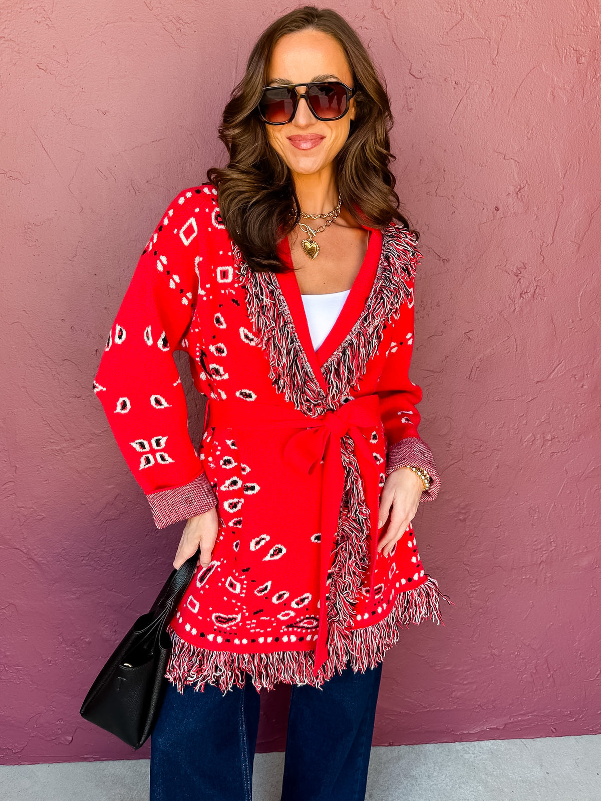 Vidalia Bandana Print Fringe Wrap Cardigan