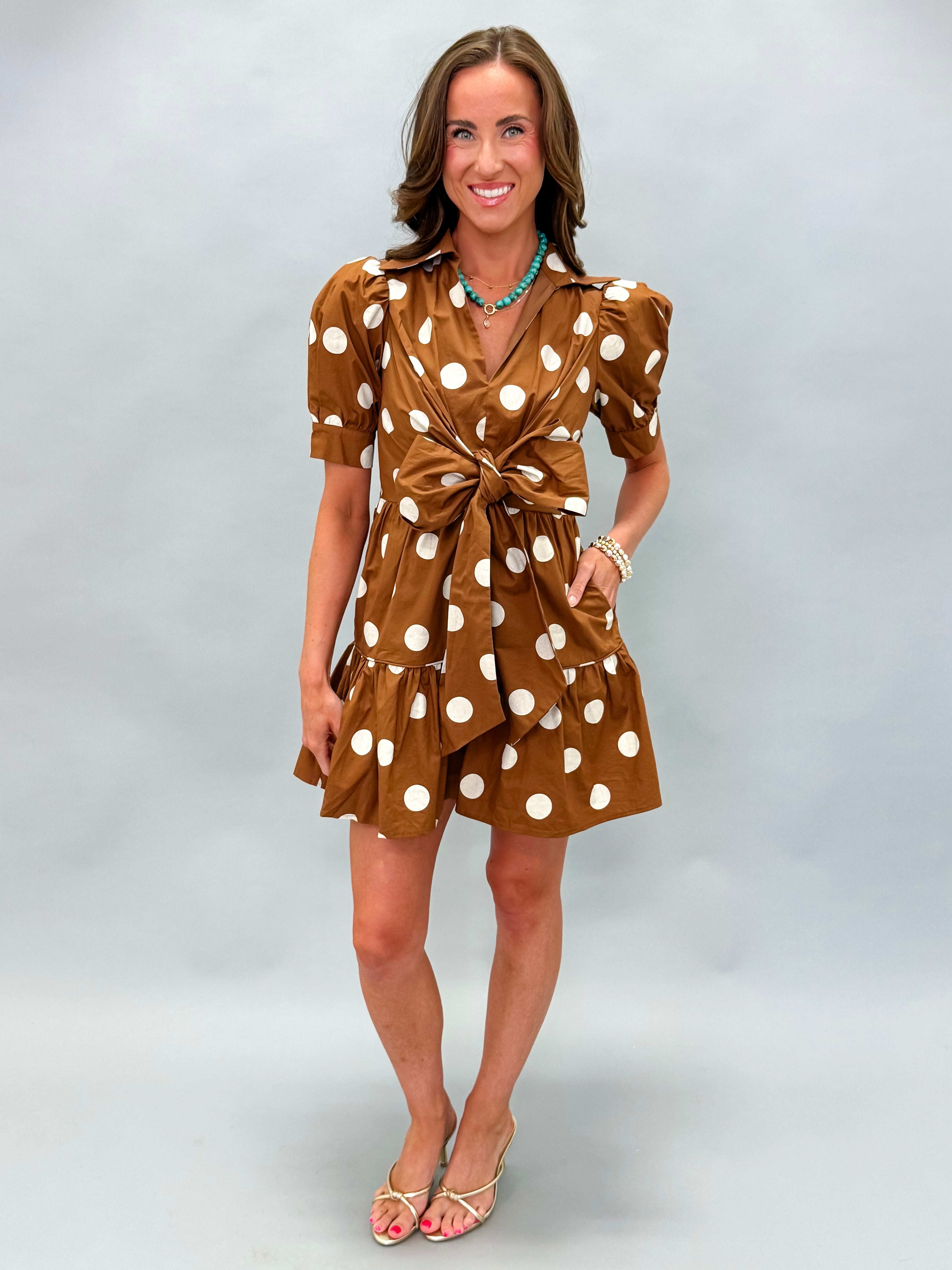Vintage Inspiration Front Bow Polka Dot Poplin Mini Dress-Brown