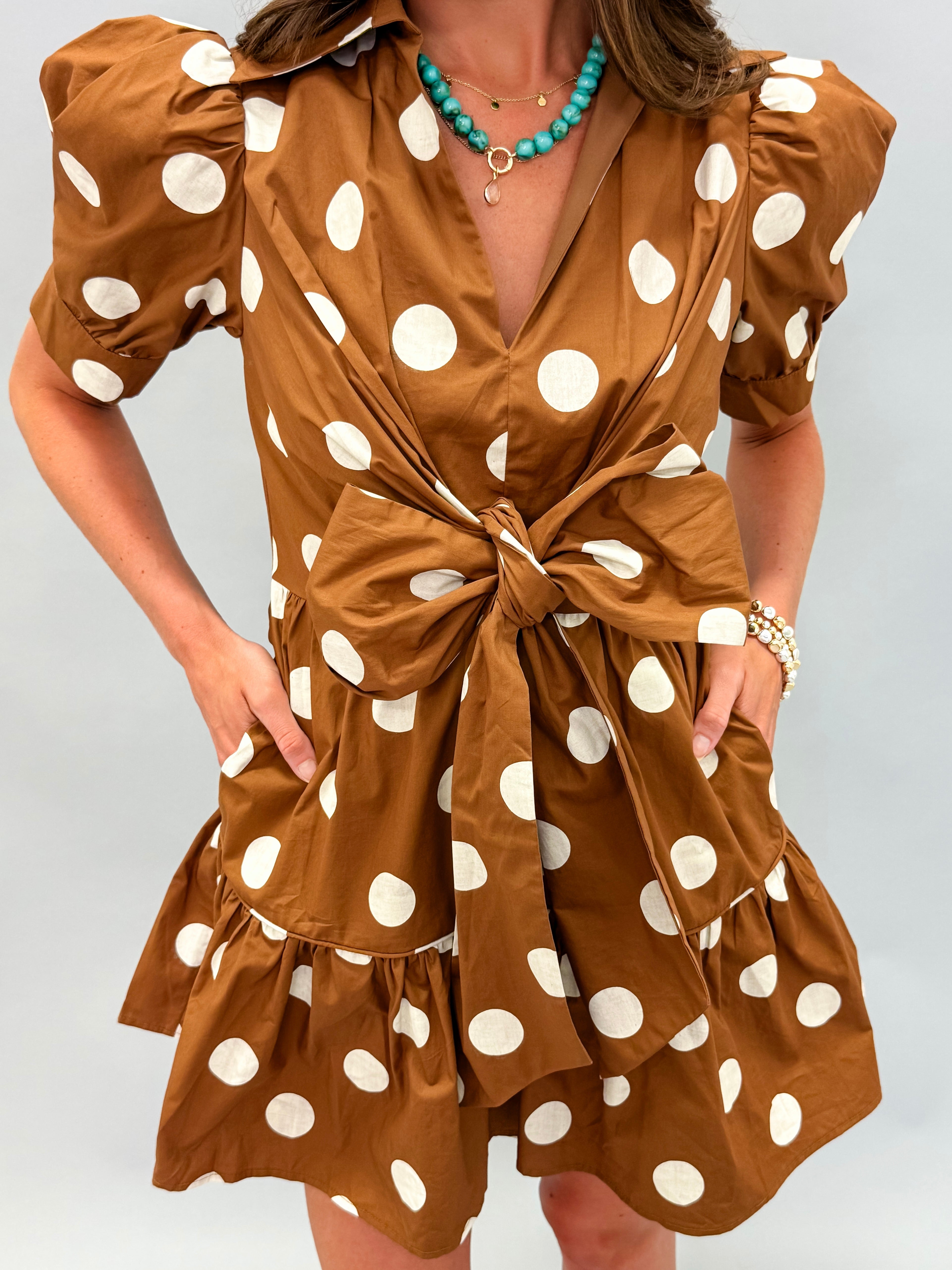 Vintage Inspiration Front Bow Polka Dot Poplin Mini Dress-Brown