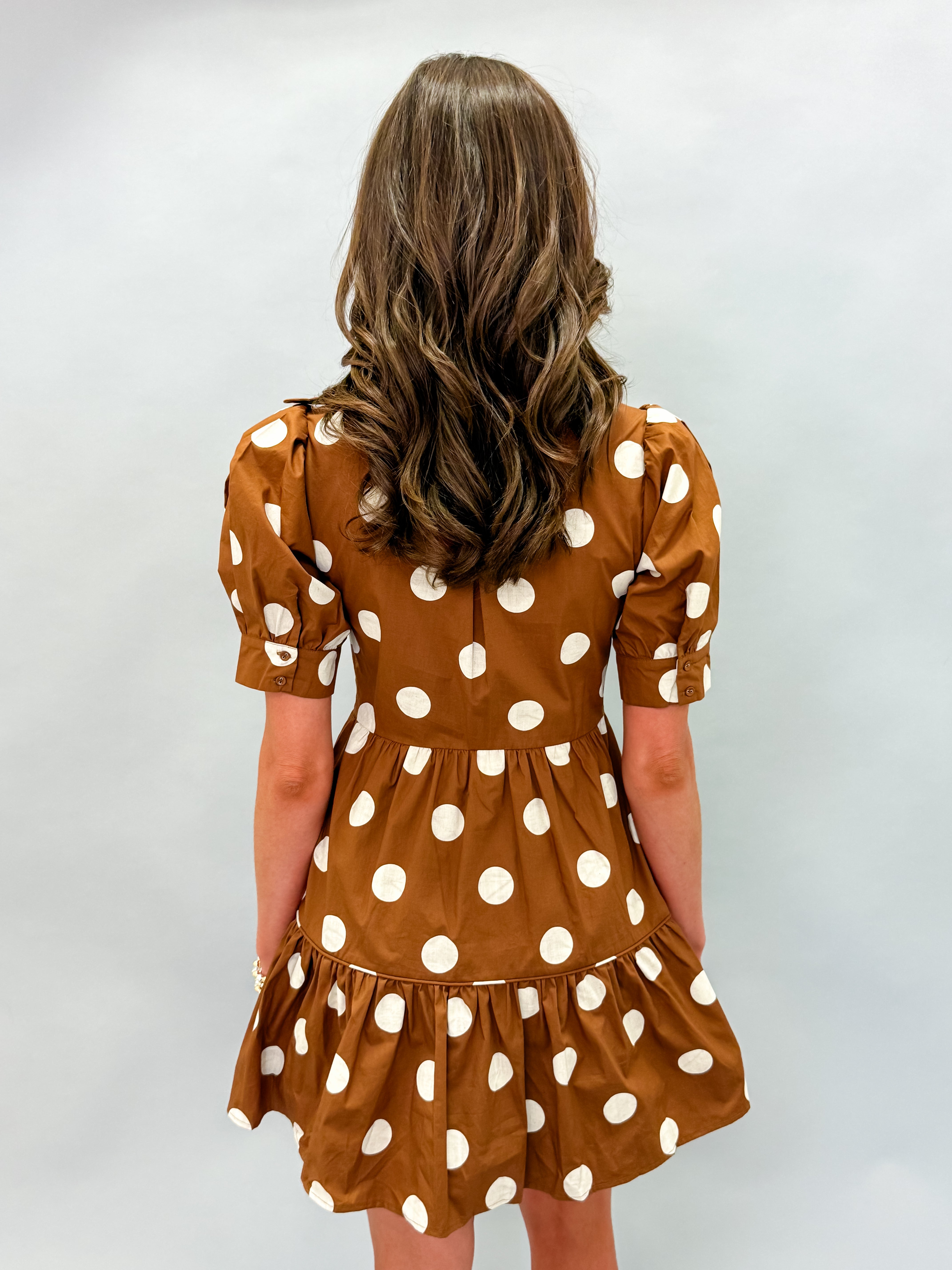 Vintage Inspiration Front Bow Polka Dot Poplin Mini Dress-Brown