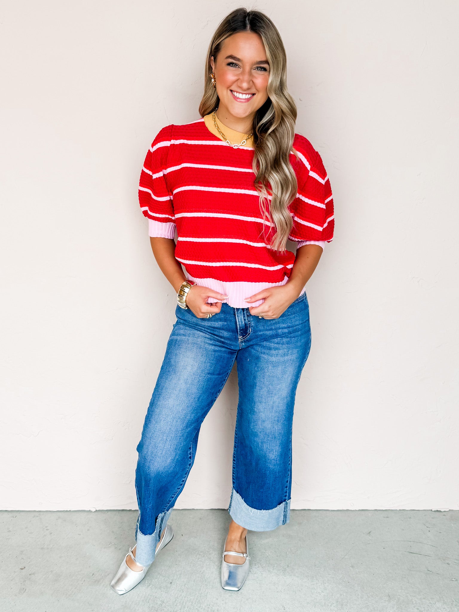 What A Surprise Striped Puff Sleeve Sweater