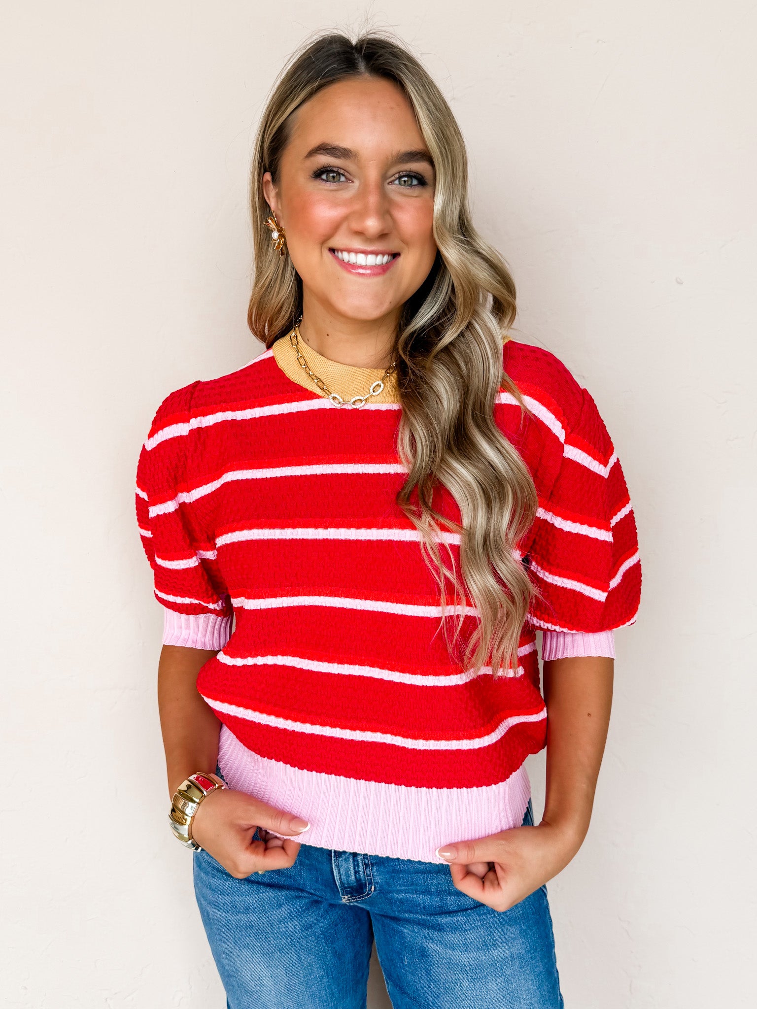 What A Surprise Striped Puff Sleeve Sweater